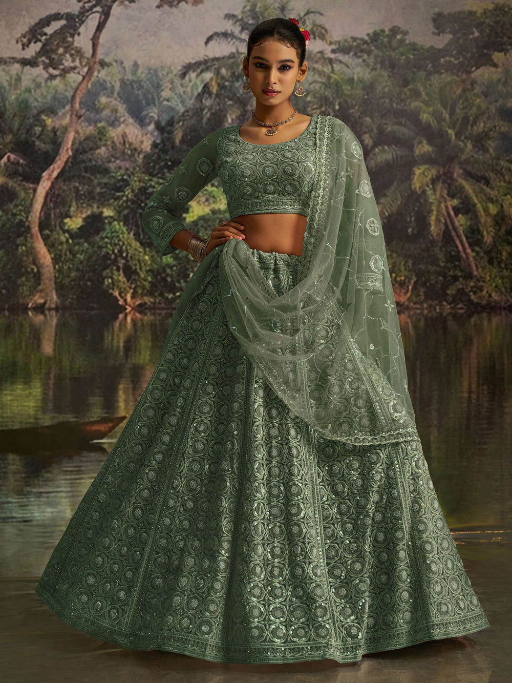 Green Net Zarkan Work Reception Wear Lehenga Choli for Women