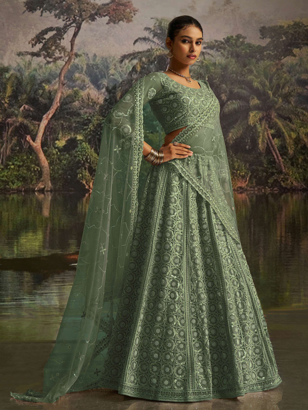 Green Net Zarkan Work Reception Wear Lehenga Choli for Women
