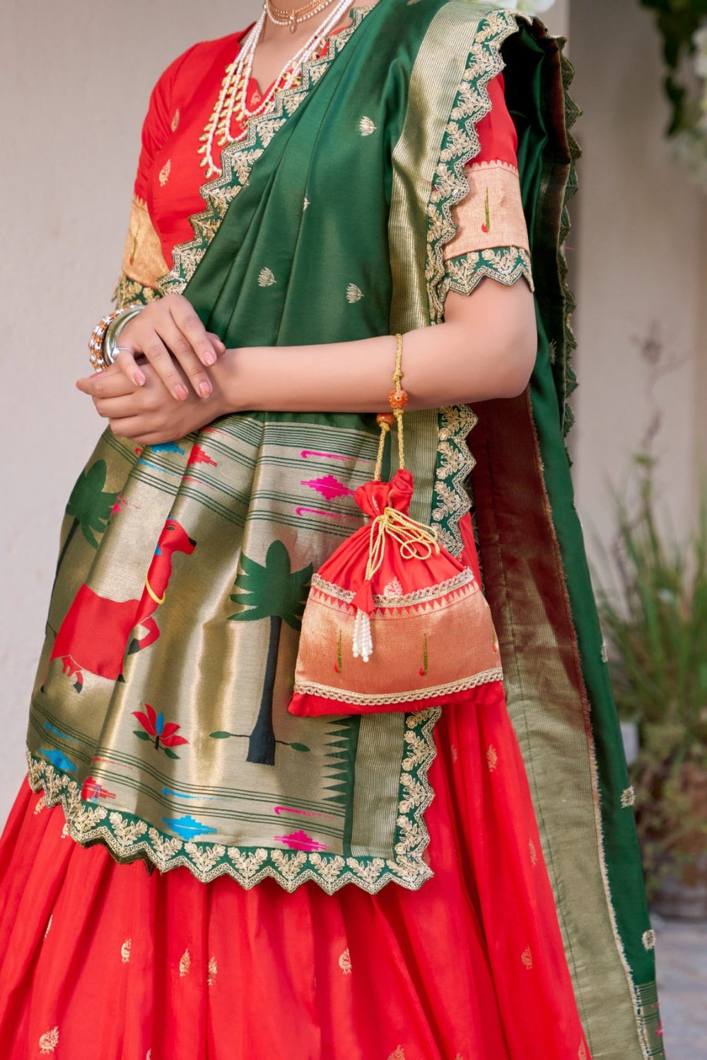 Red Traditional Paithani Jacquard Sik Lehenga Set For Wedding