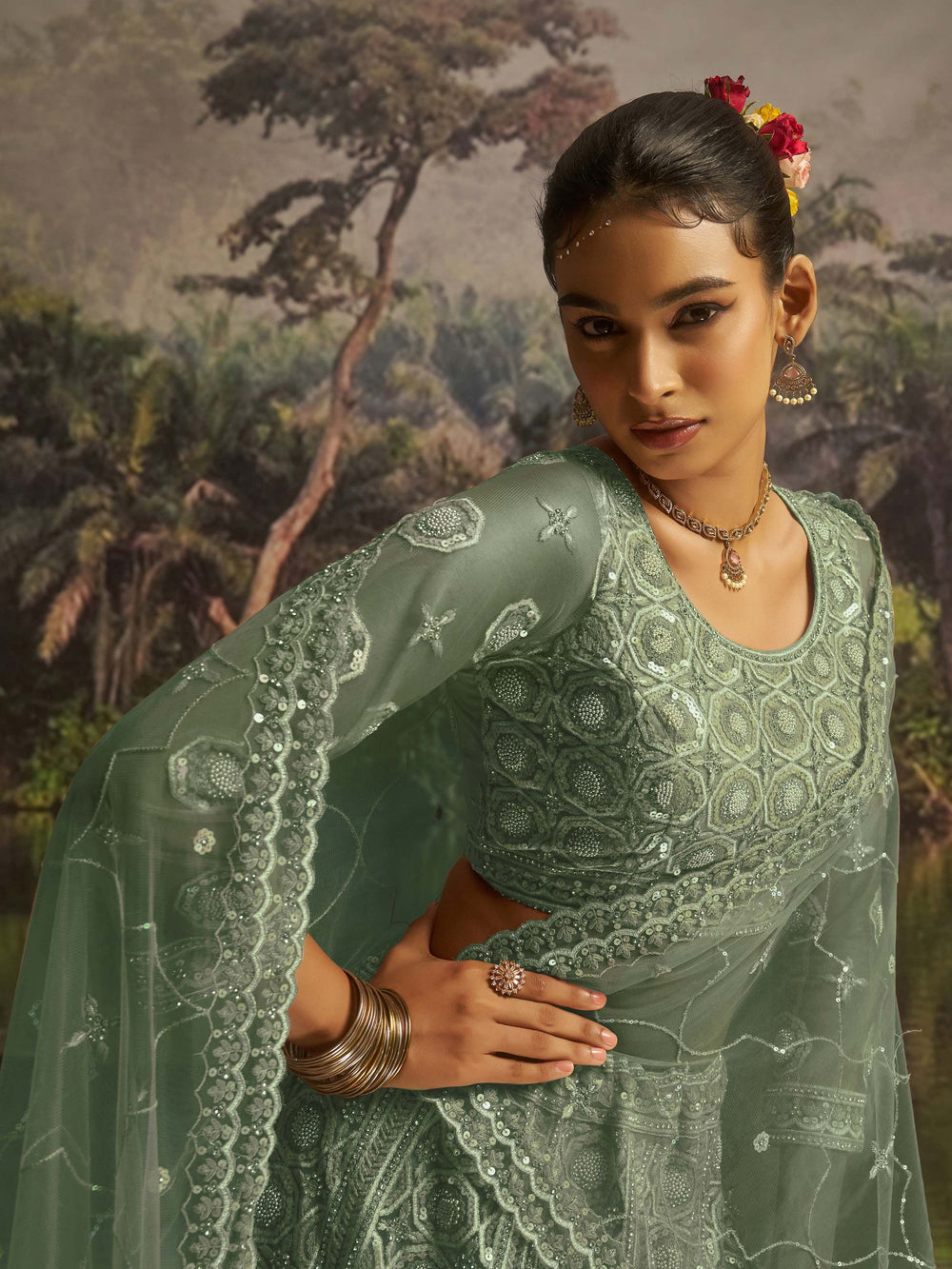 Green Net Zarkan Work Reception Wear Lehenga Choli for Women