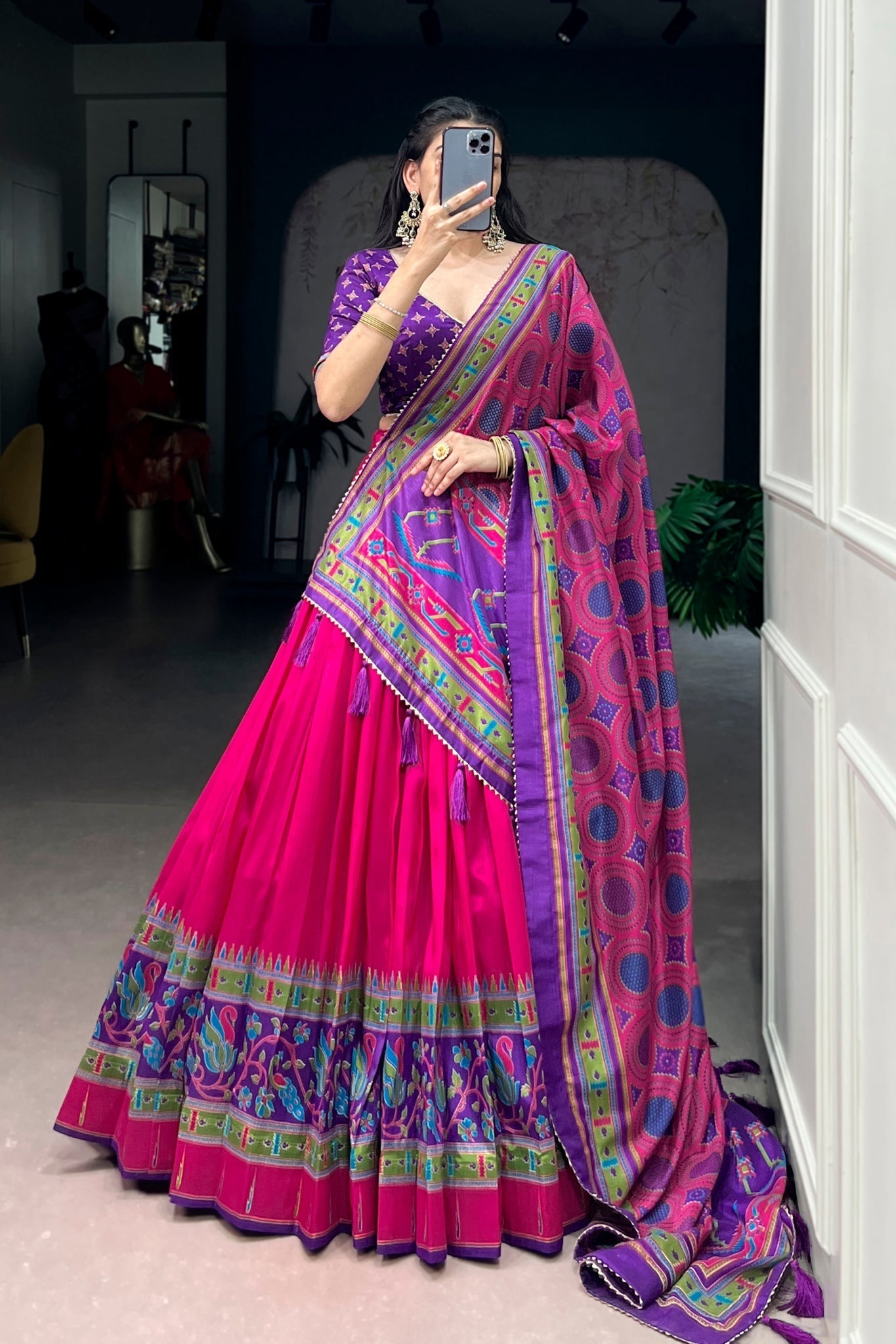 Pink Printed Tasar Silk Festive Lehenga Choli for Women