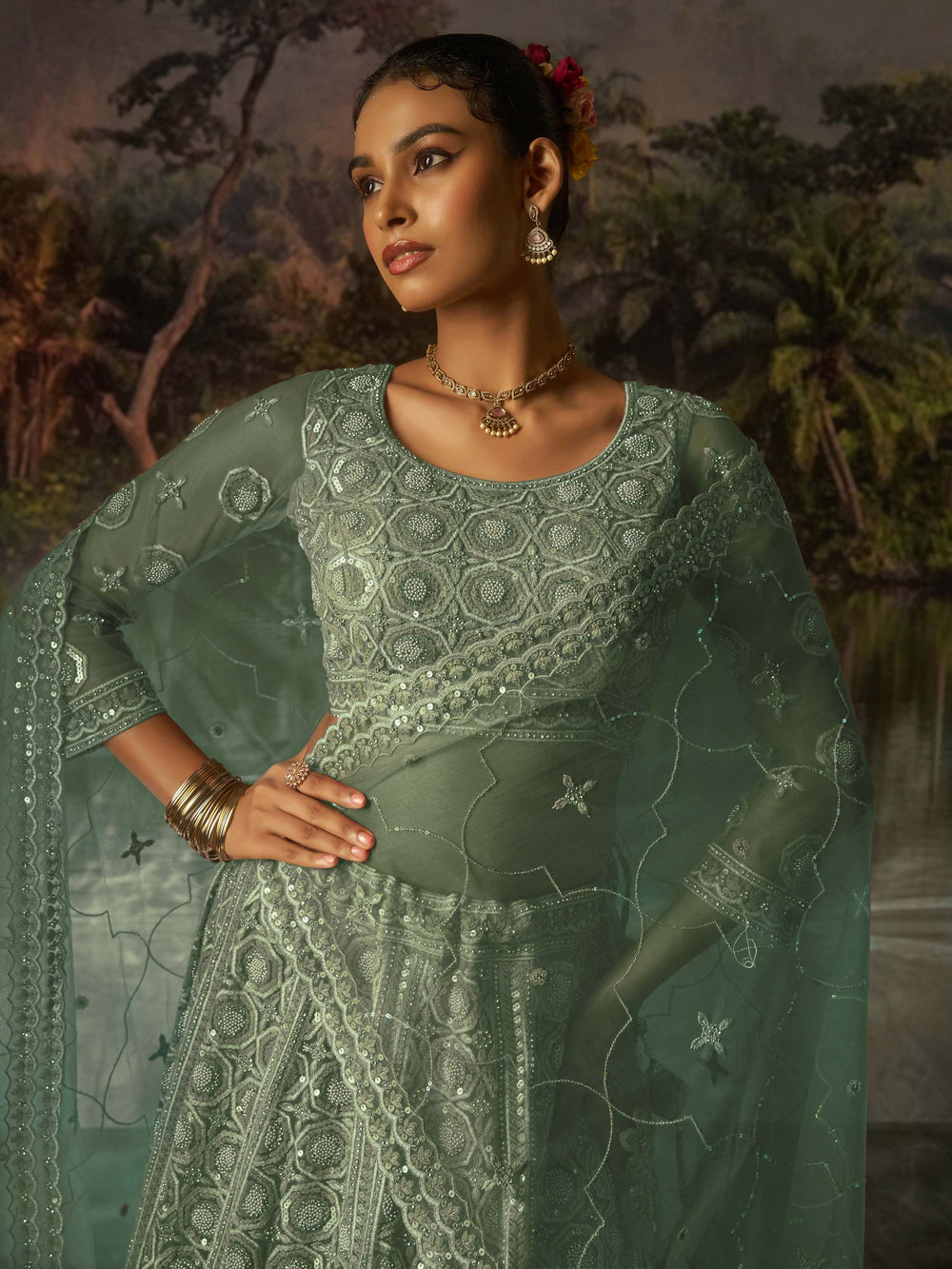 Green Net Zarkan Work Reception Wear Lehenga Choli for Women