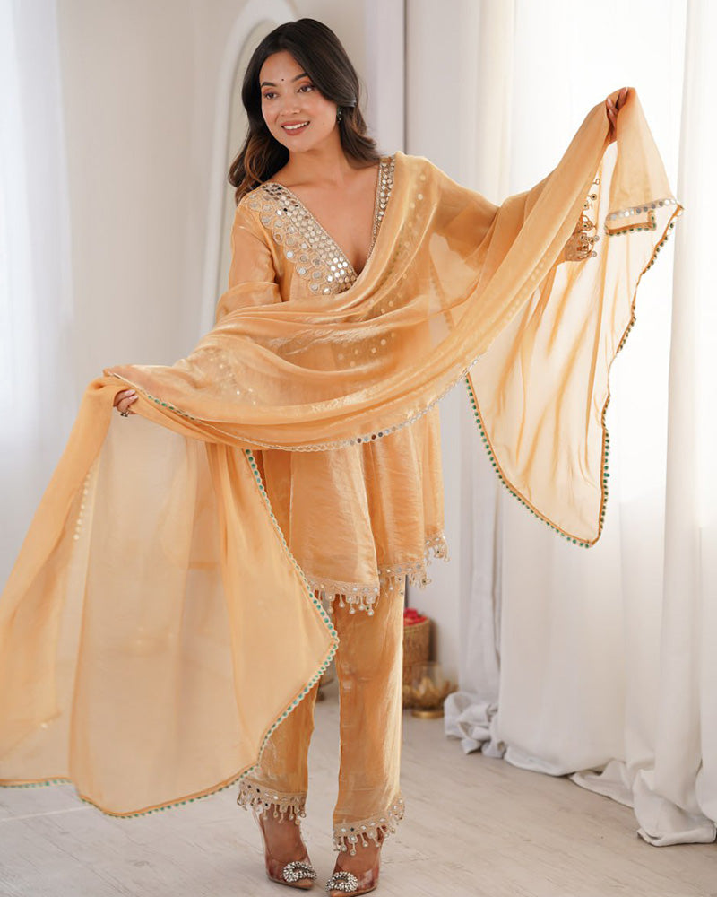Chikoo Fendi Silk Embroidered Festive Palazzo Suit for Women
