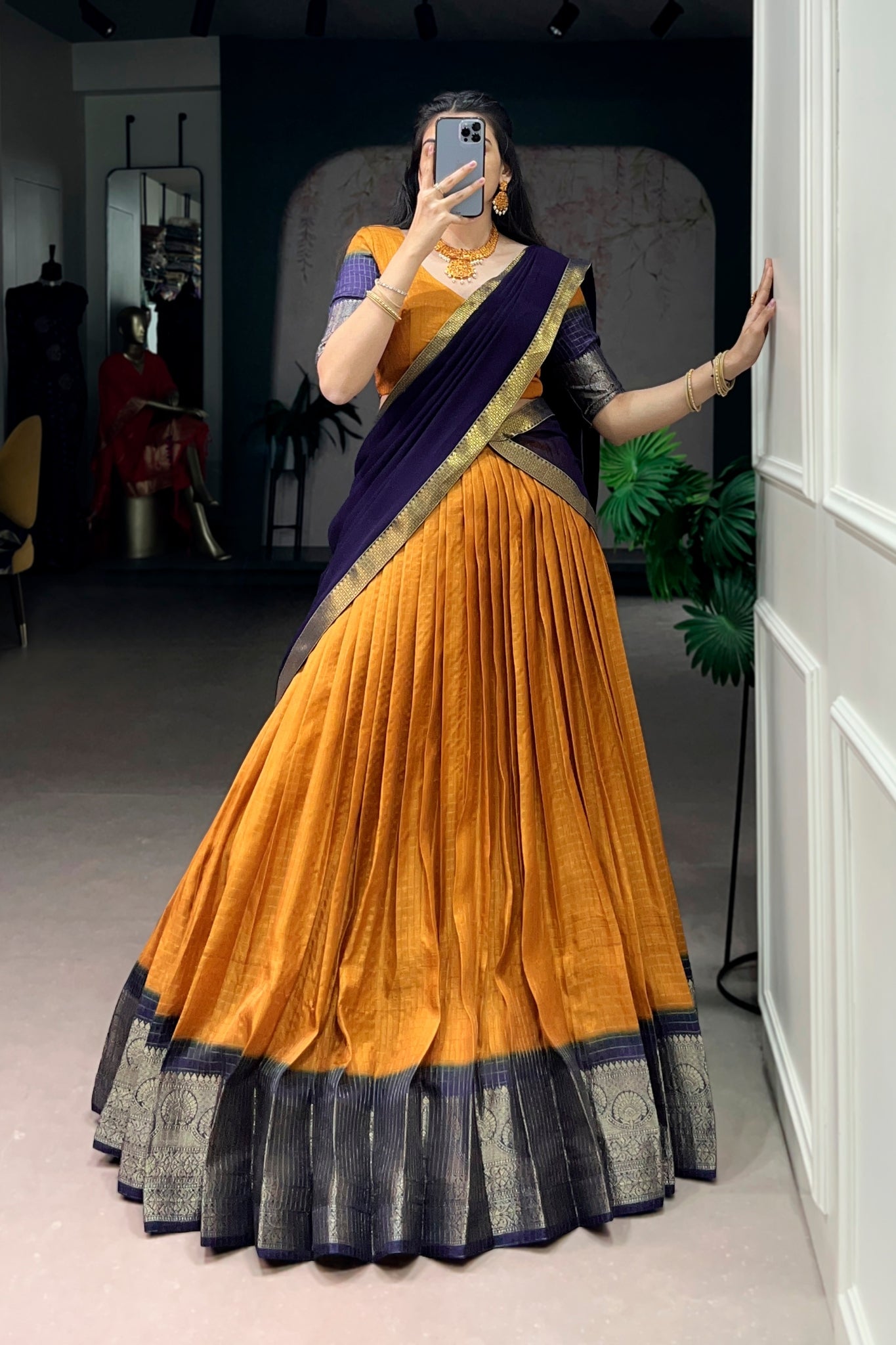 Mustard Zari Weaving Embroidered Festive Lehenga Choli for Women