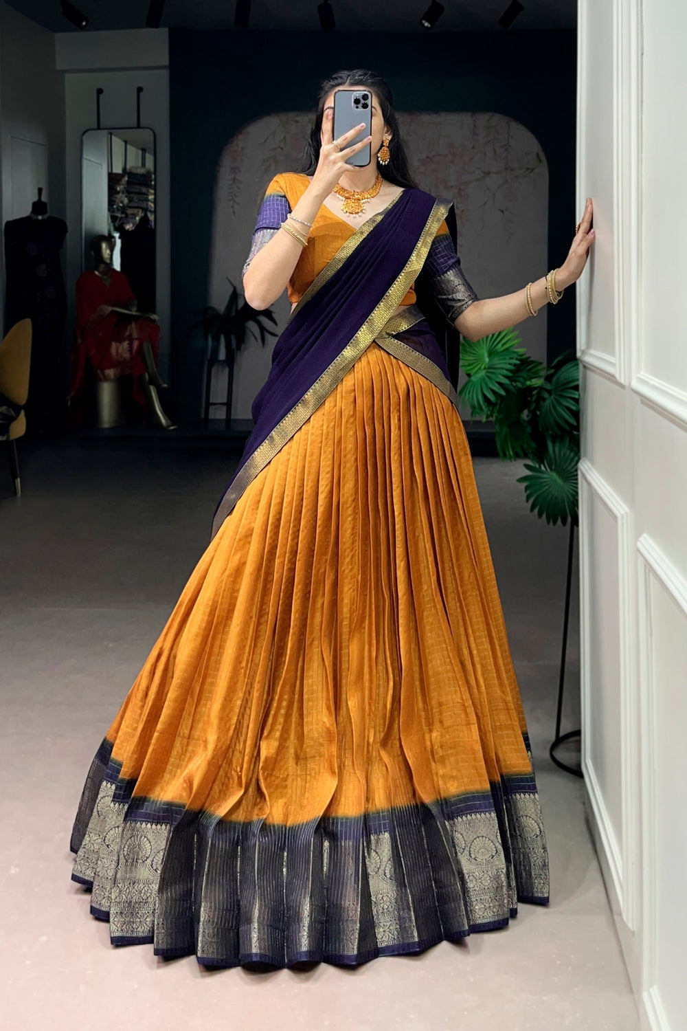 Mustard Zari Weaving Embroidered Festive Lehenga Choli for Women