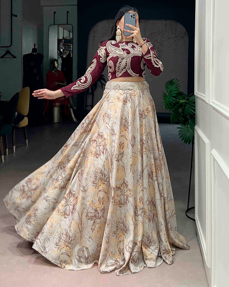 Cream Eye Catching Tussar Silk Printed Embroidered Lehenga Choli for Women