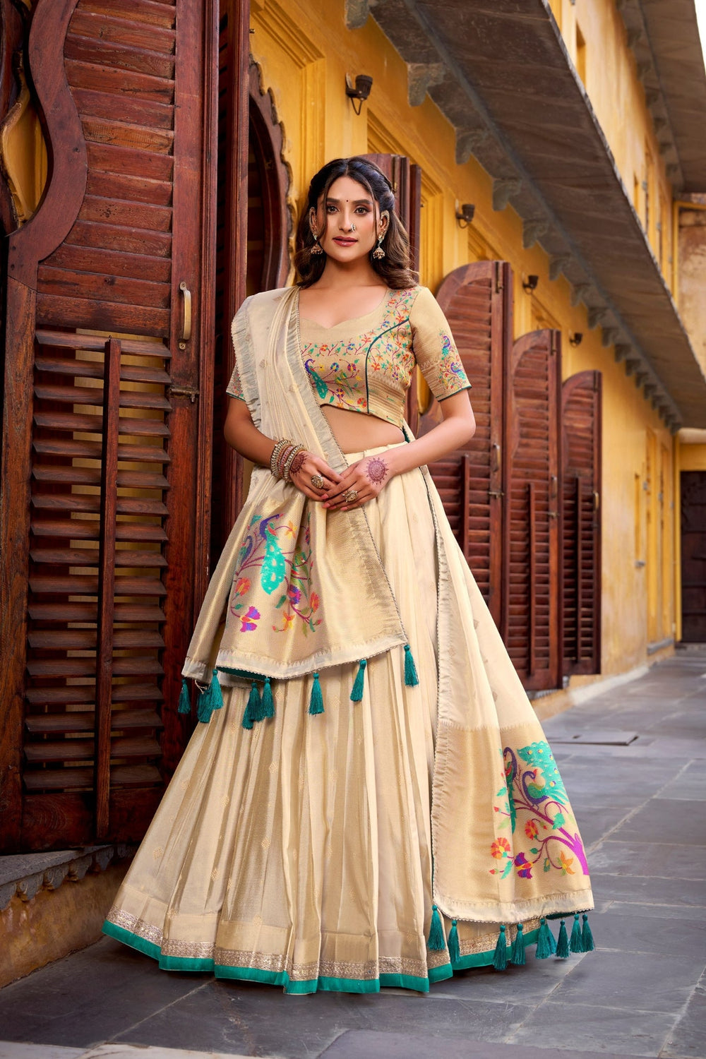 Battel Green Designer Paithani Zari Weaving Shimmer Lehenga Choli With Dupatta