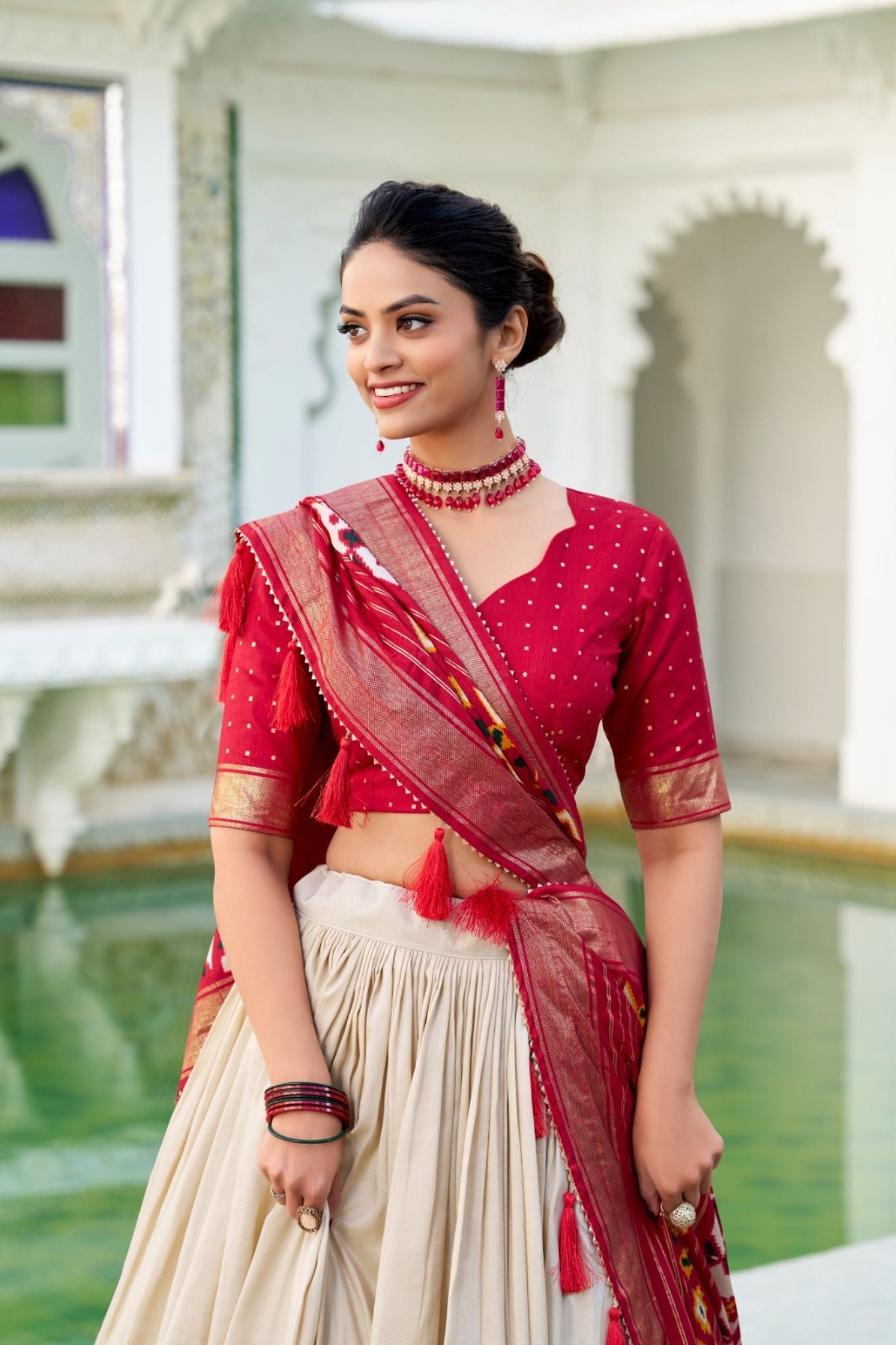 Off White Tussar Silk Patola Printed With Foil Work Lehenga Choli