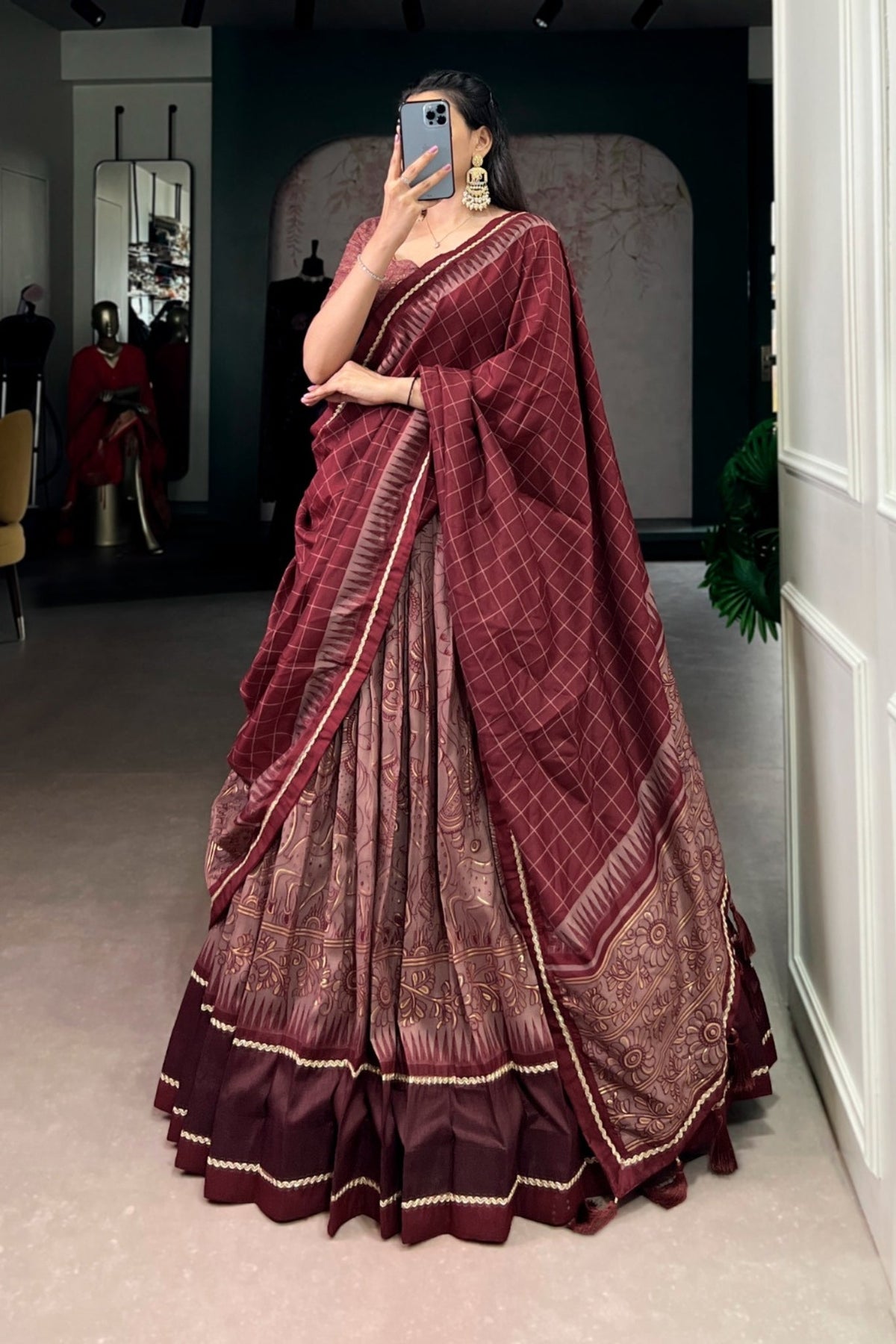 Maroon Festive Kalamkari Printed Tasar Silk Lehenga Choli With Dupatta