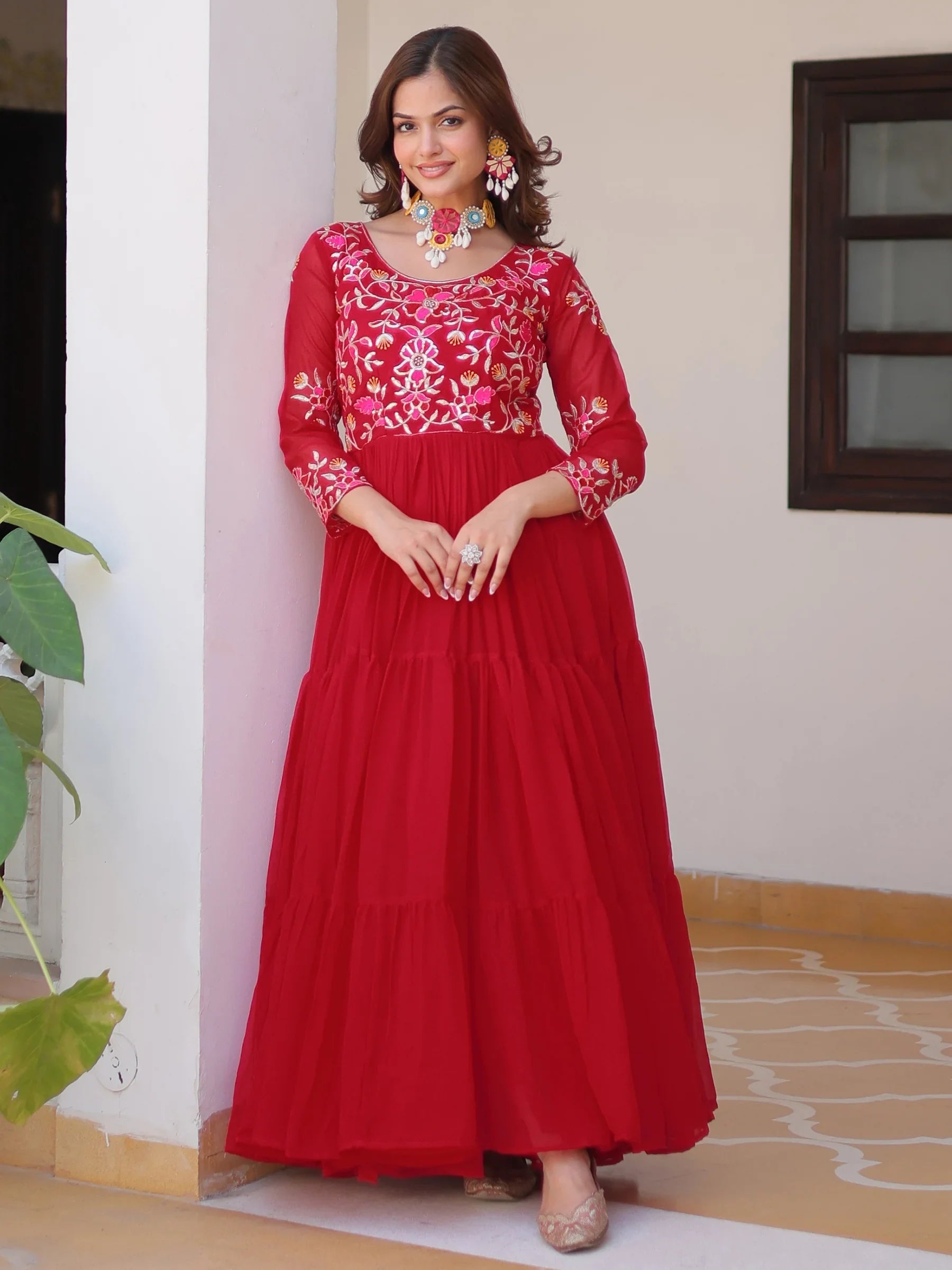 Red Charming Thread Work Georgette Festival Wear Anarkali Gown for Women
