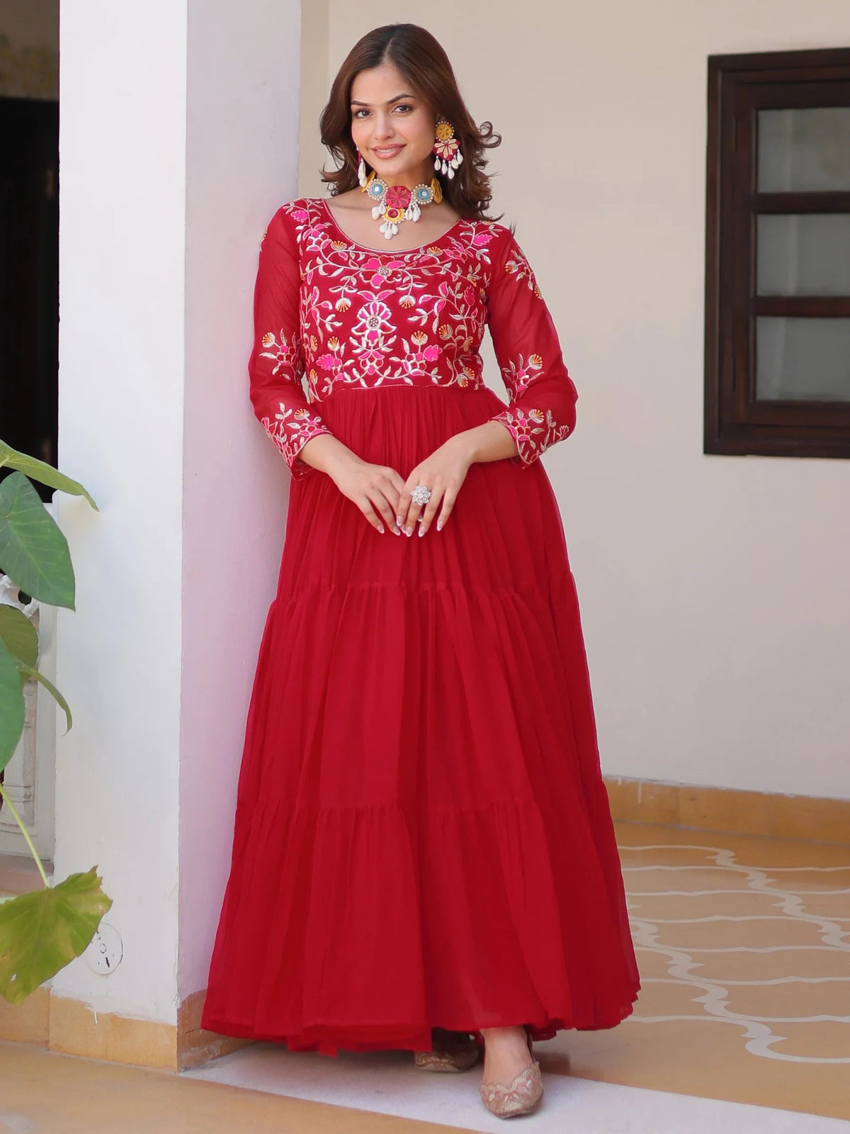 Red Charming Thread Work Georgette Festival Wear Anarkali Gown for Women