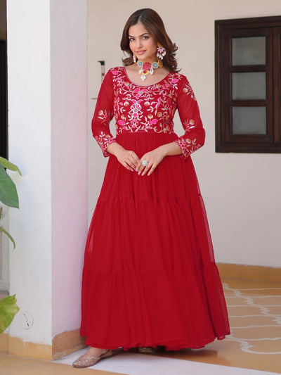 Red Charming Thread Work Georgette Festival Wear Anarkali Gown for Women