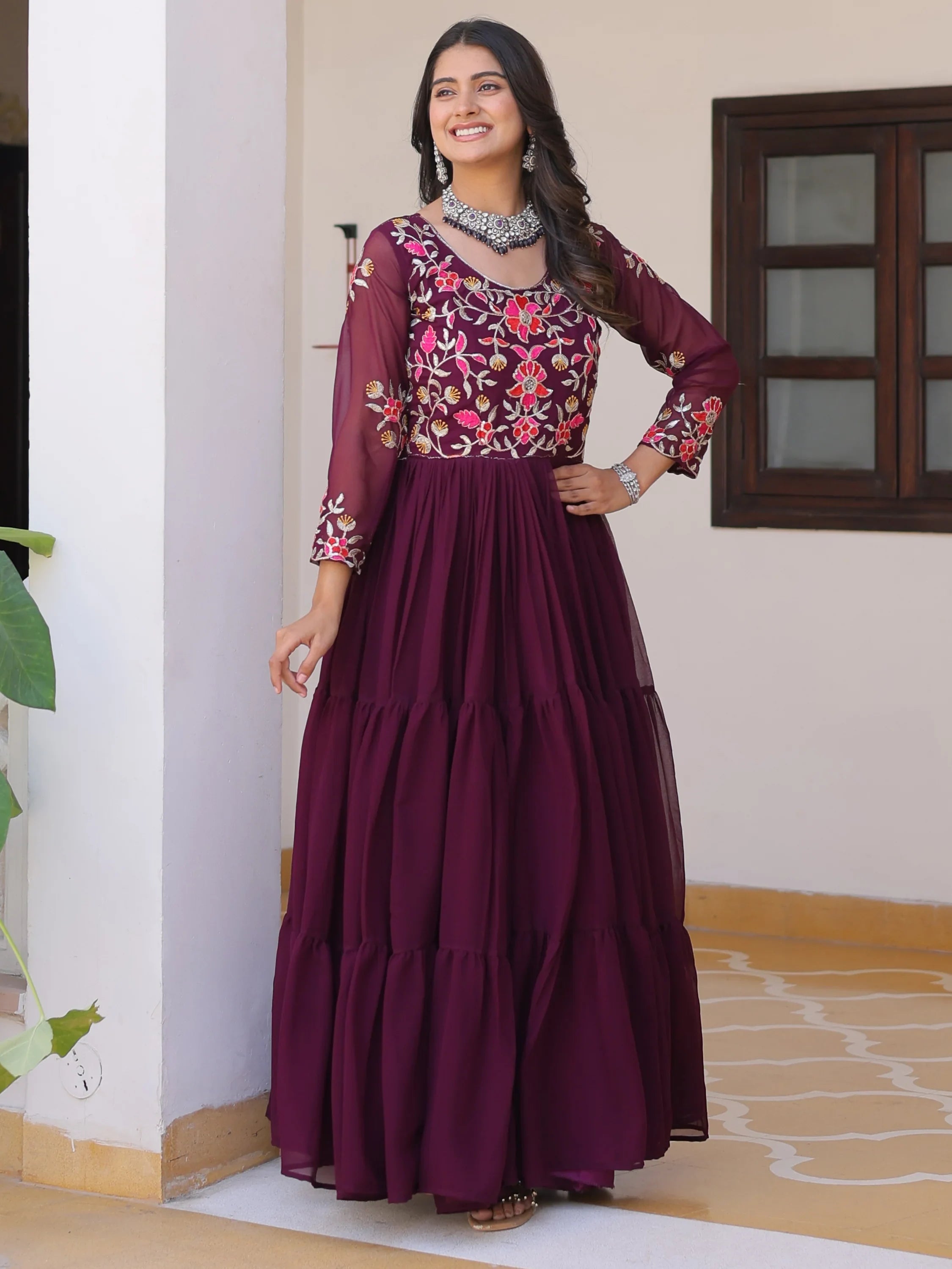 Wine Charming Thread Work Georgette Festival Wear Anarkali Gown for Women