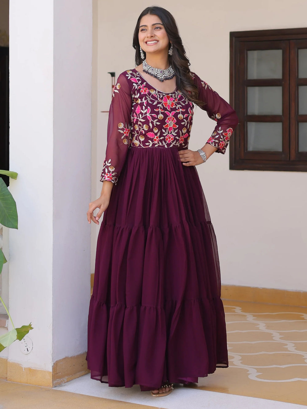 Wine Charming Thread Work Georgette Festival Wear Anarkali Gown for Women