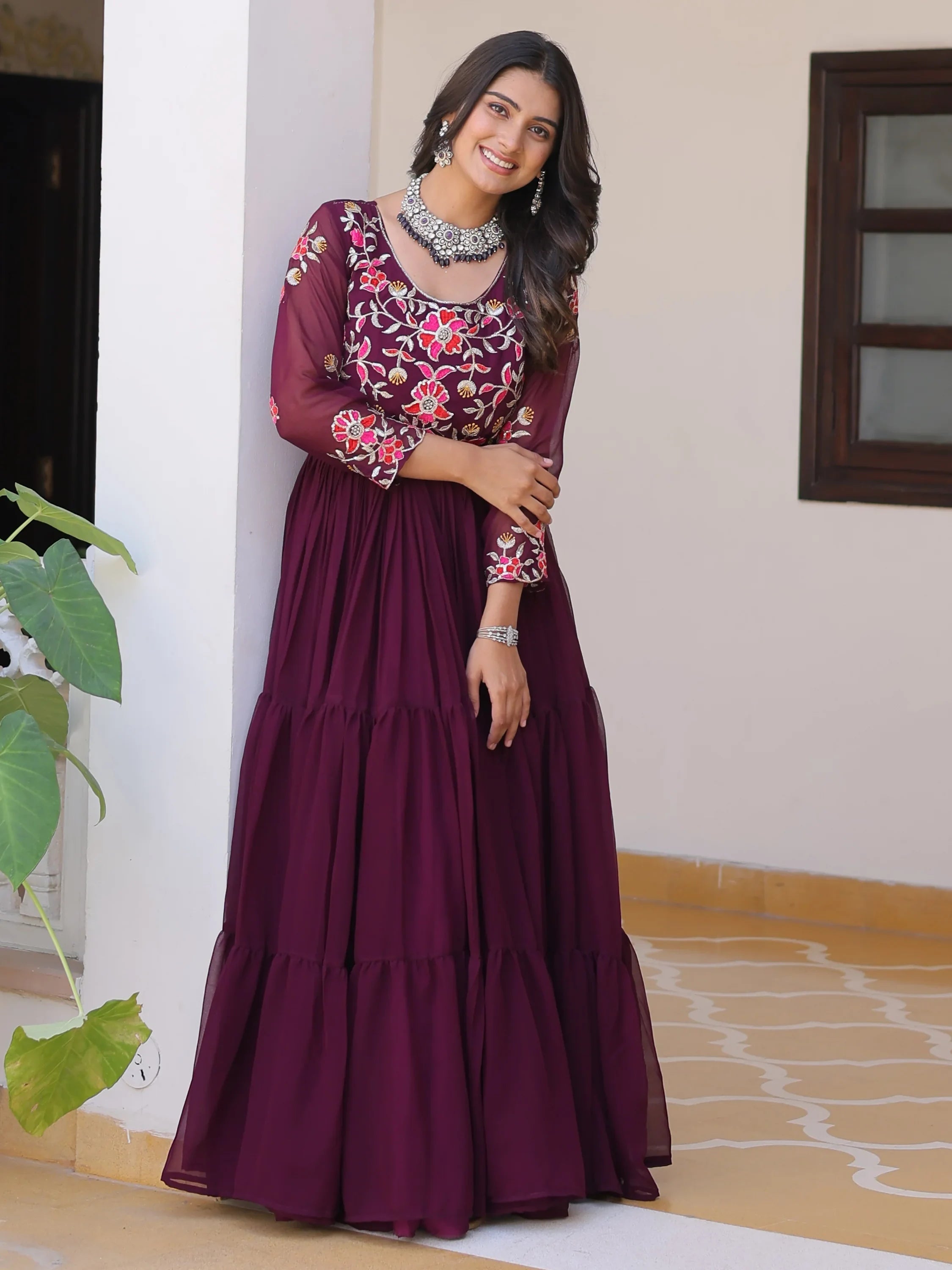 Wine Charming Thread Work Georgette Festival Wear Anarkali Gown for Women