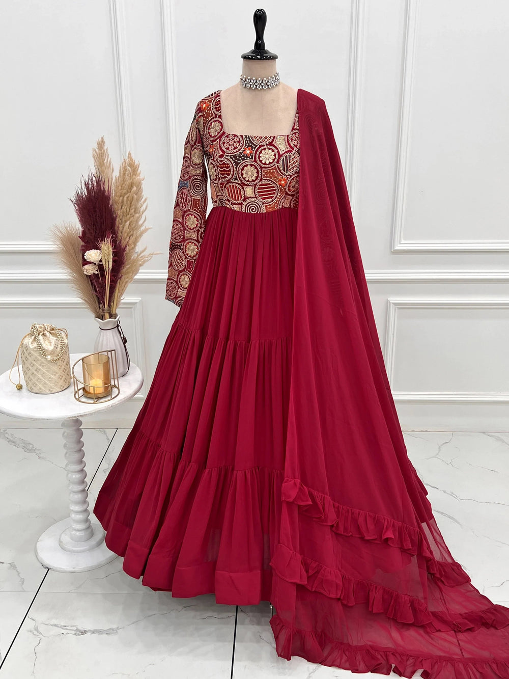 Maroon Embroidered Georgette Festive Wear Gown With Dupatta for Women