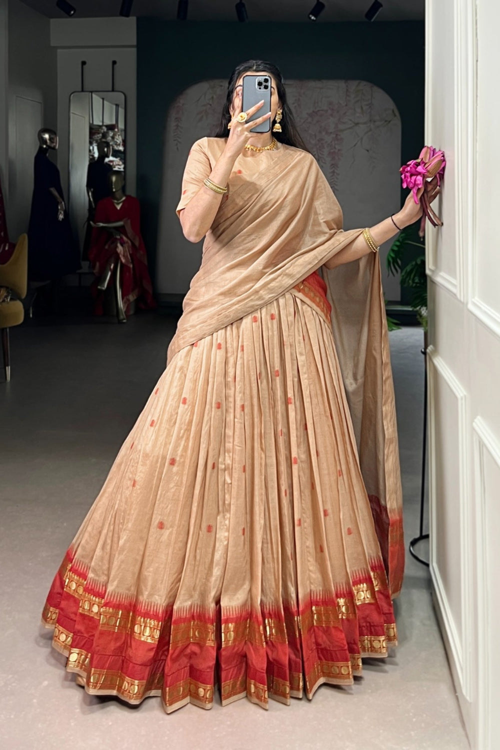 Parrot Green Pure Chanderi Zari Weaving Work South Indian Lehenga Choli