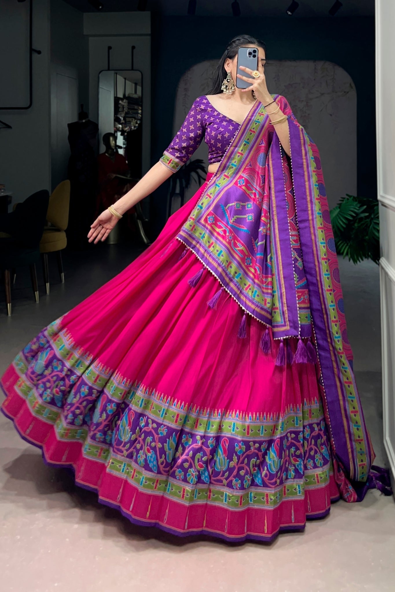 Mustard Printed Tasar Silk Festive Lehenga Choli for Women