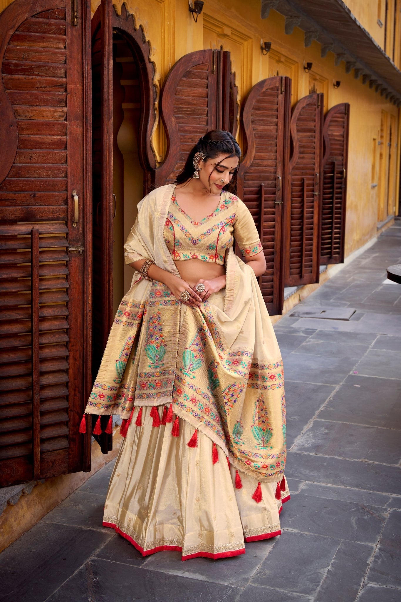 Red Designer Paithani Zari Weaving Shimmer Lehenga Choli With Dupatta