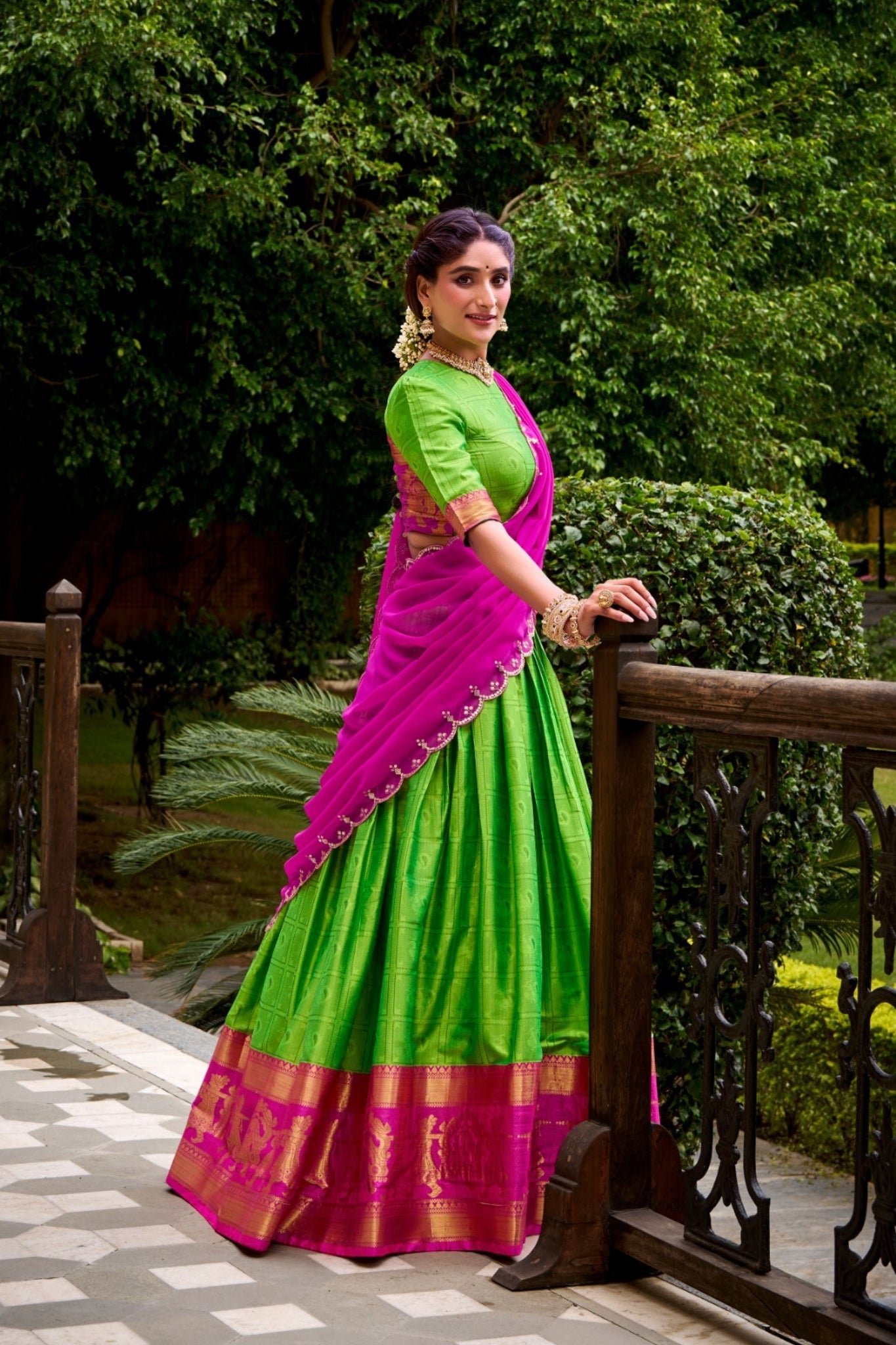 Parrot Green Poly Cotton Zari Weaving Work Beautiful Lehenga Choli