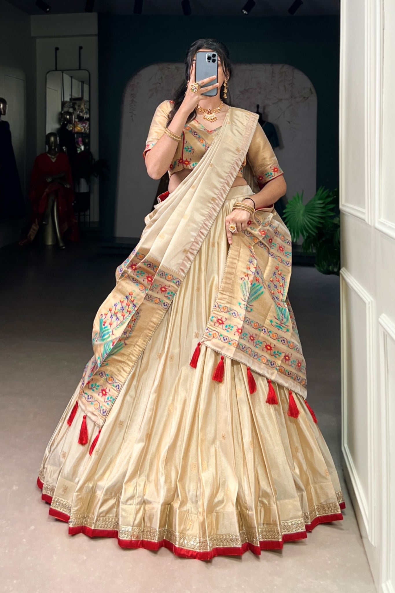 Red Designer Paithani Zari Weaving Shimmer Lehenga Choli With Dupatta