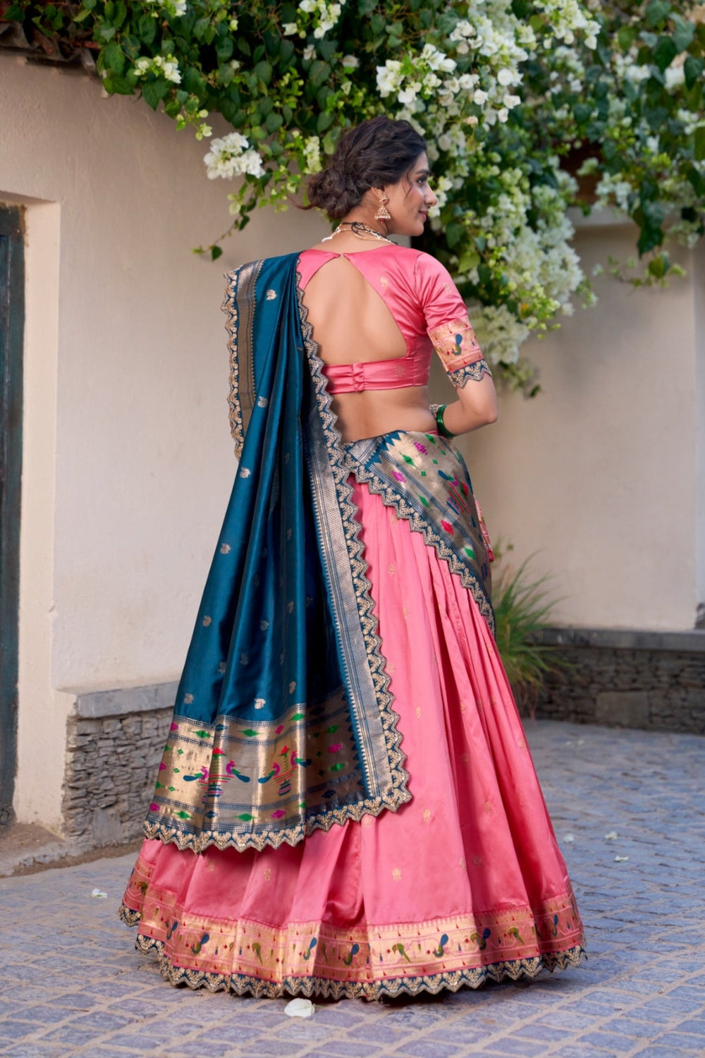 Light Pink Traditional Paithani Jacquard Sik Lehenga Set For Wedding