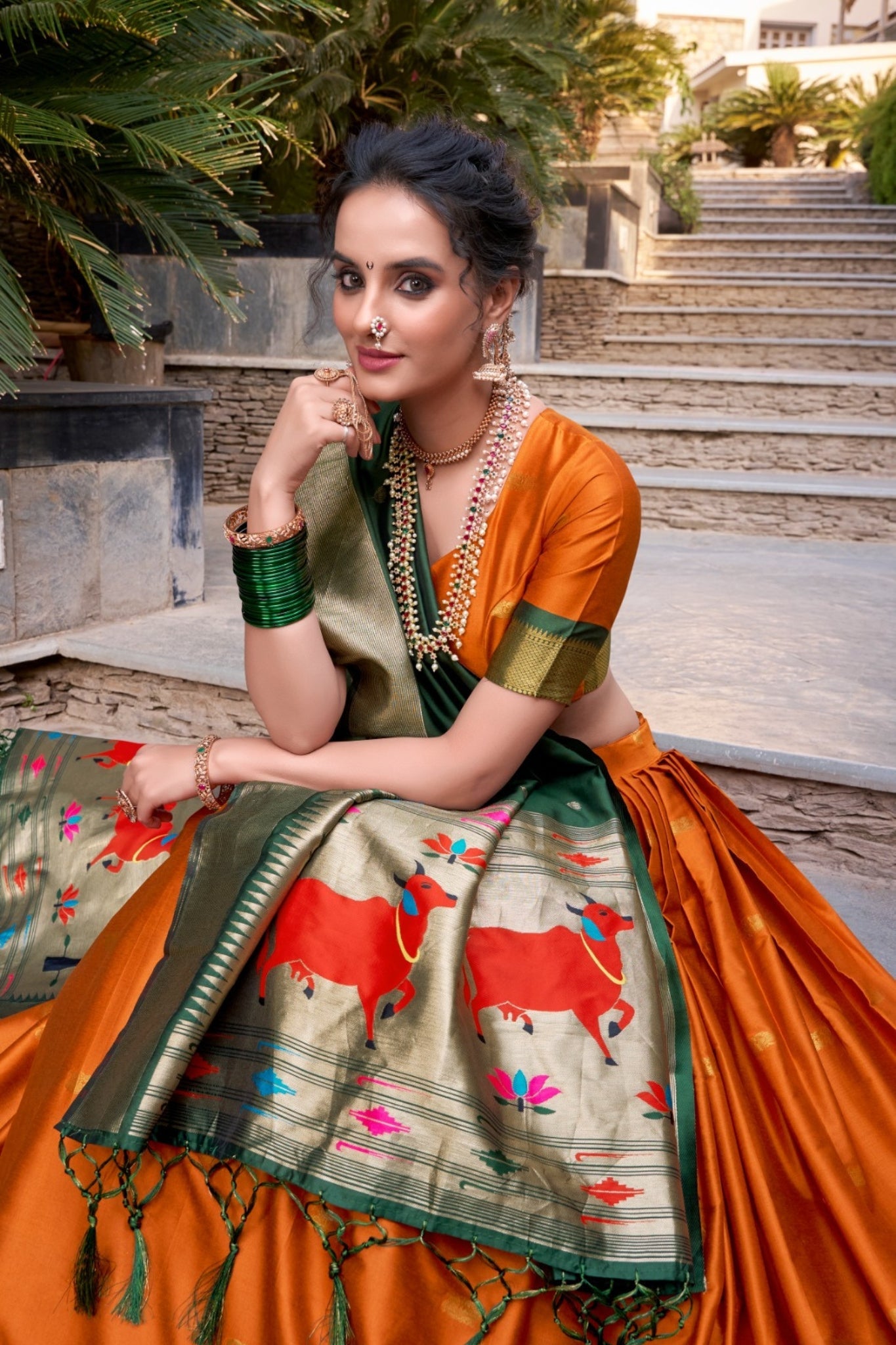 Orange Paithani Jacquard Silk Lehenga Set with Zari Weaving Work