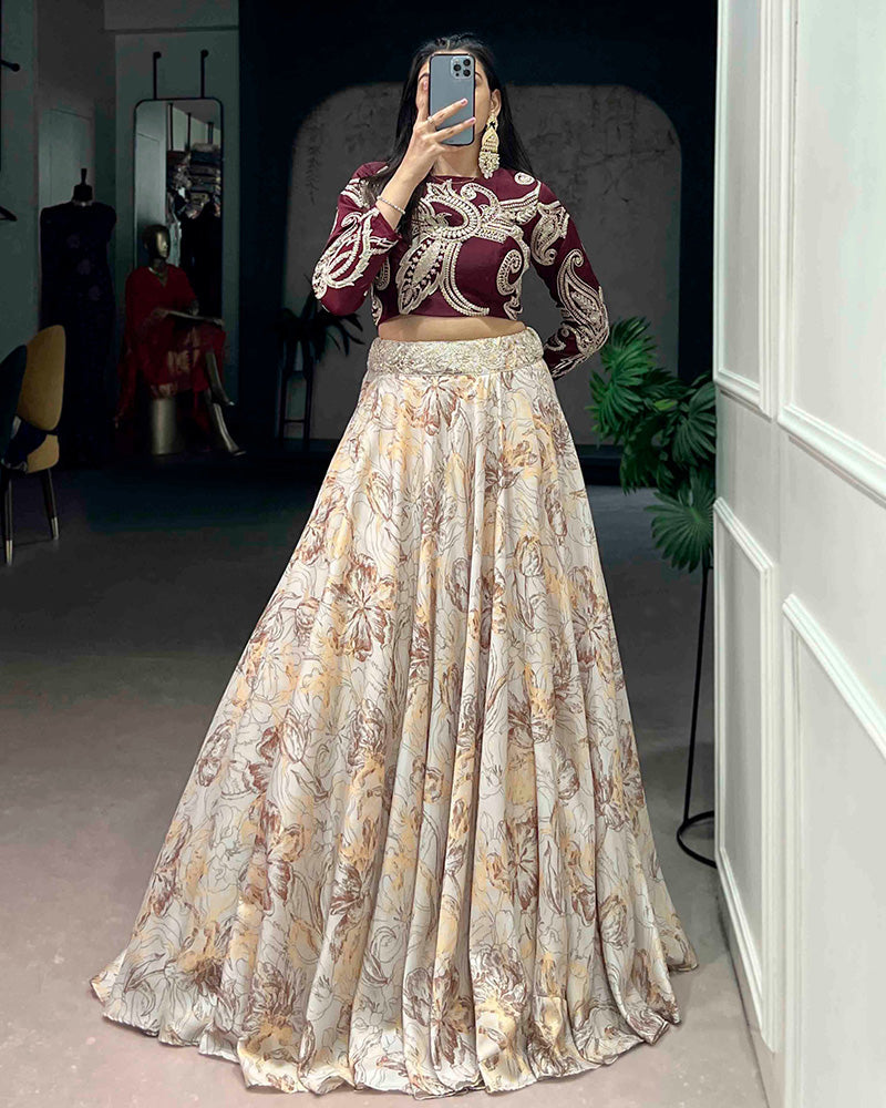 Cream Eye Catching Tussar Silk Printed Embroidered Lehenga Choli for Women