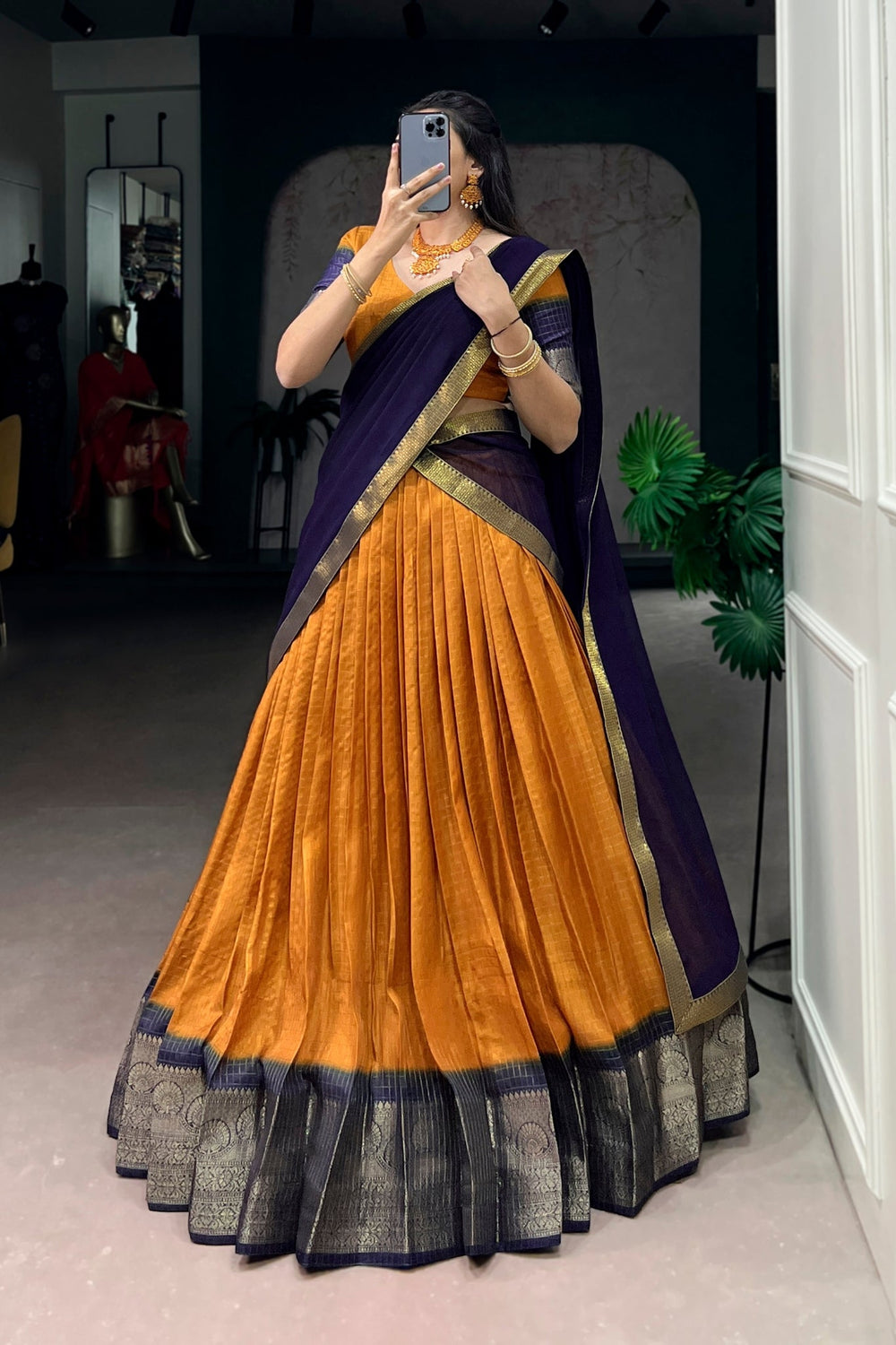 Mustard Zari Weaving Embroidered Festive Lehenga Choli for Women