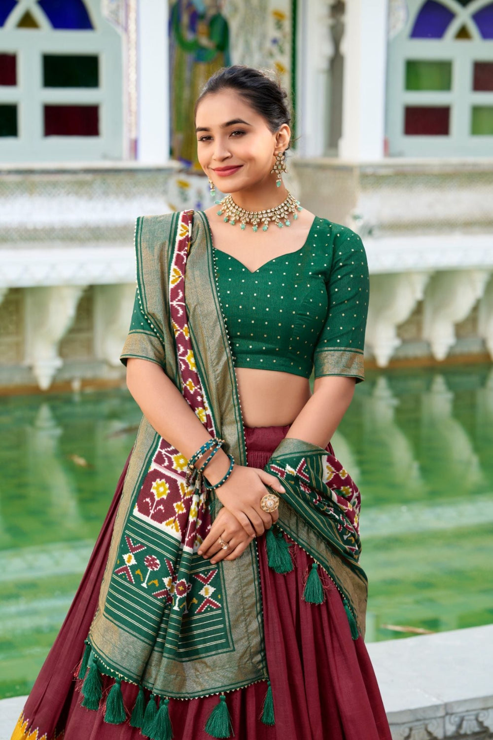 Maroon Tussar Silk Patola Printed With Foil Work Lehenga Choli