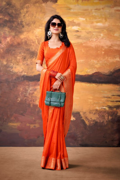 Orange Marshmallow Silk Woven Contrast Border Festive Saree for Women