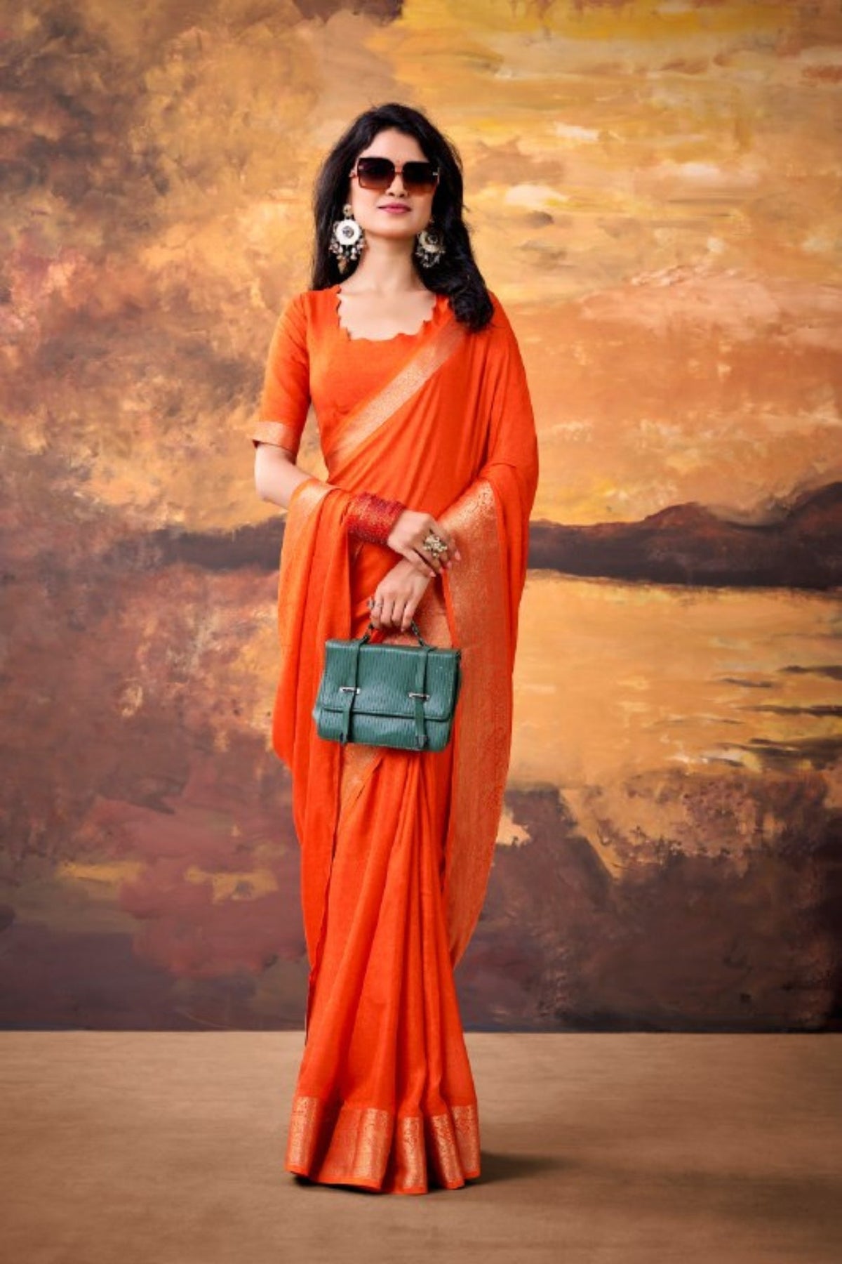 Orange Marshmallow Silk Woven Contrast Border Festive Saree for Women