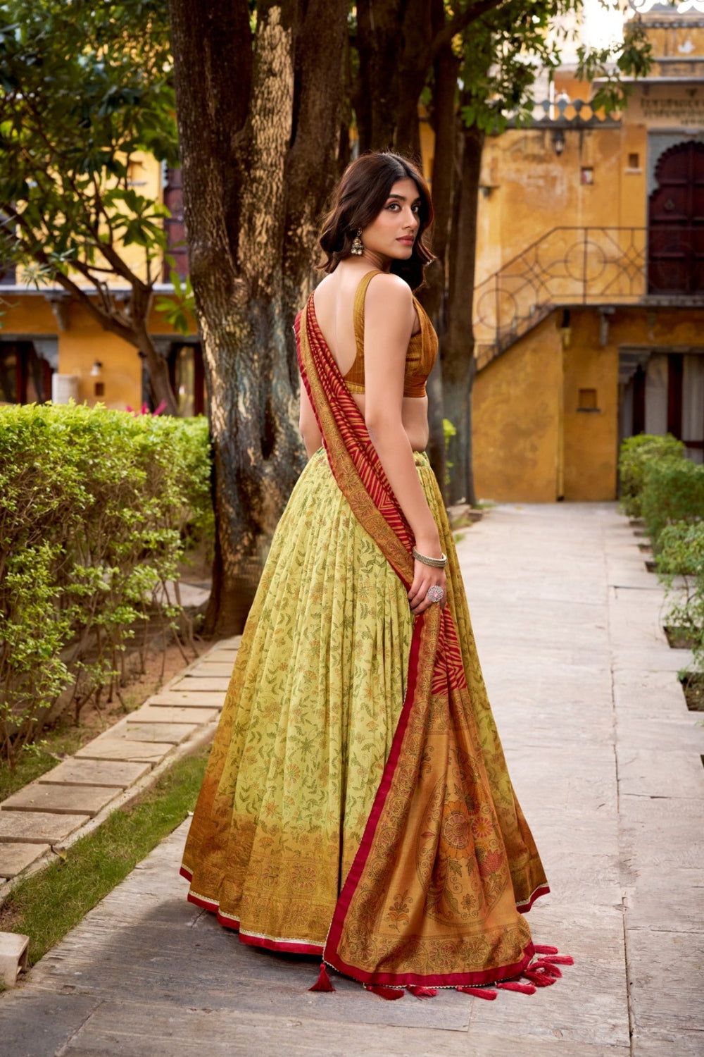 Copper Heritage Inspired Vichitra Silk Printed Luxury Lehenga Set With Elegant Flare