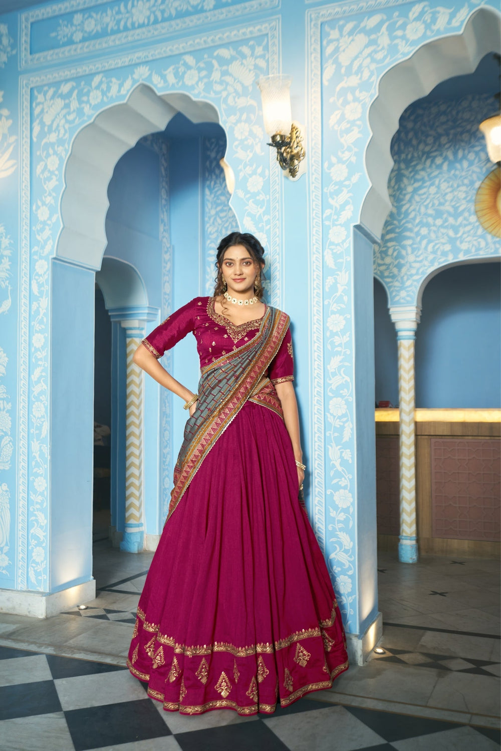 Stunning Vichitra Silk Embroidery Sequins Worked Lehenga Choli Set - Zimonza