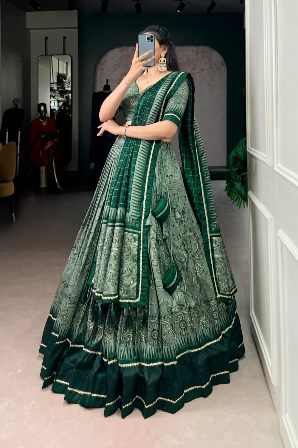 Green Festive Kalamkari Printed Tasar Silk Lehenga Choli With Dupatta