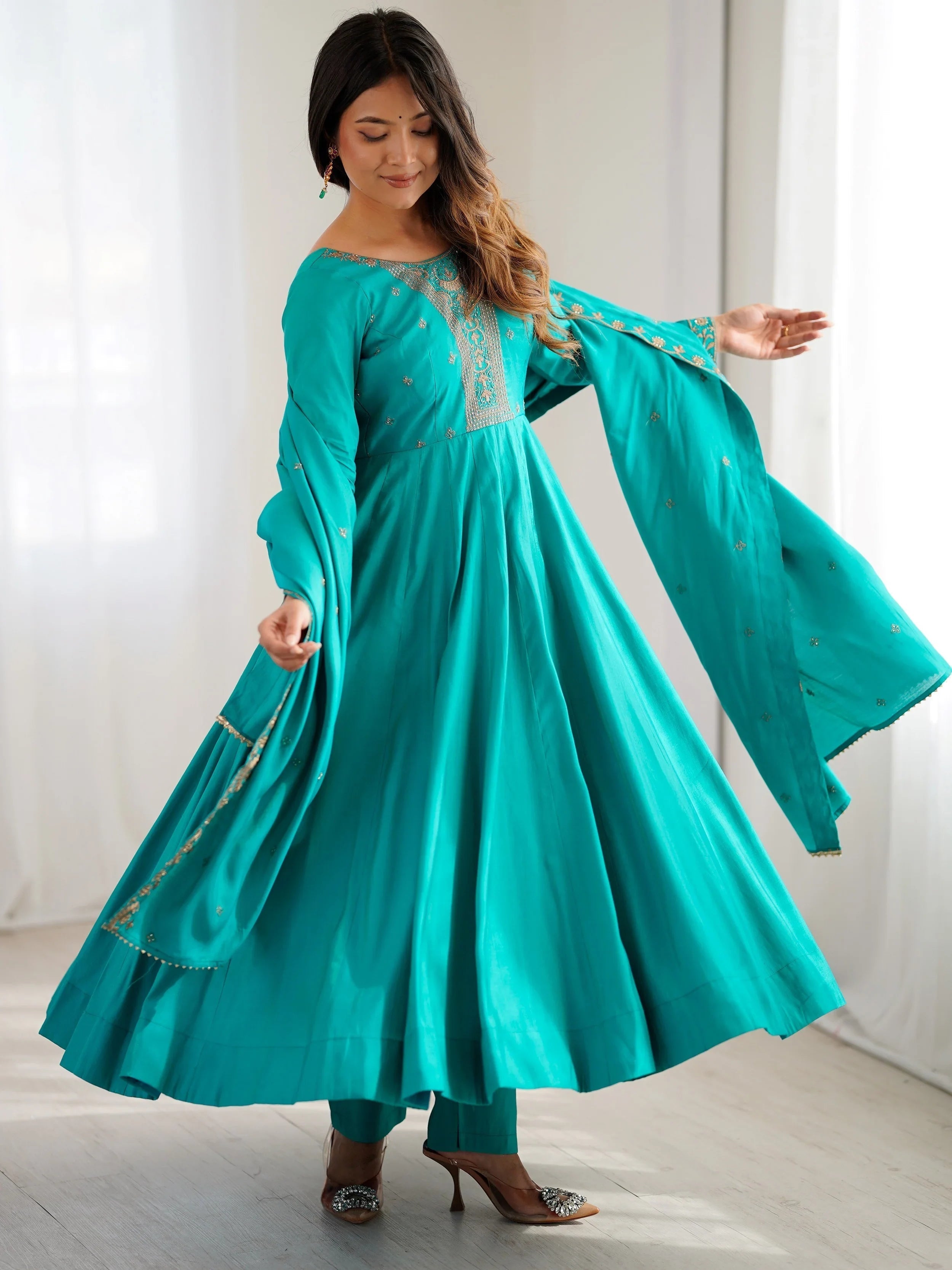 Sparkling Blue Beads Work Silk Festive Wear Salwar Kameez for Women
