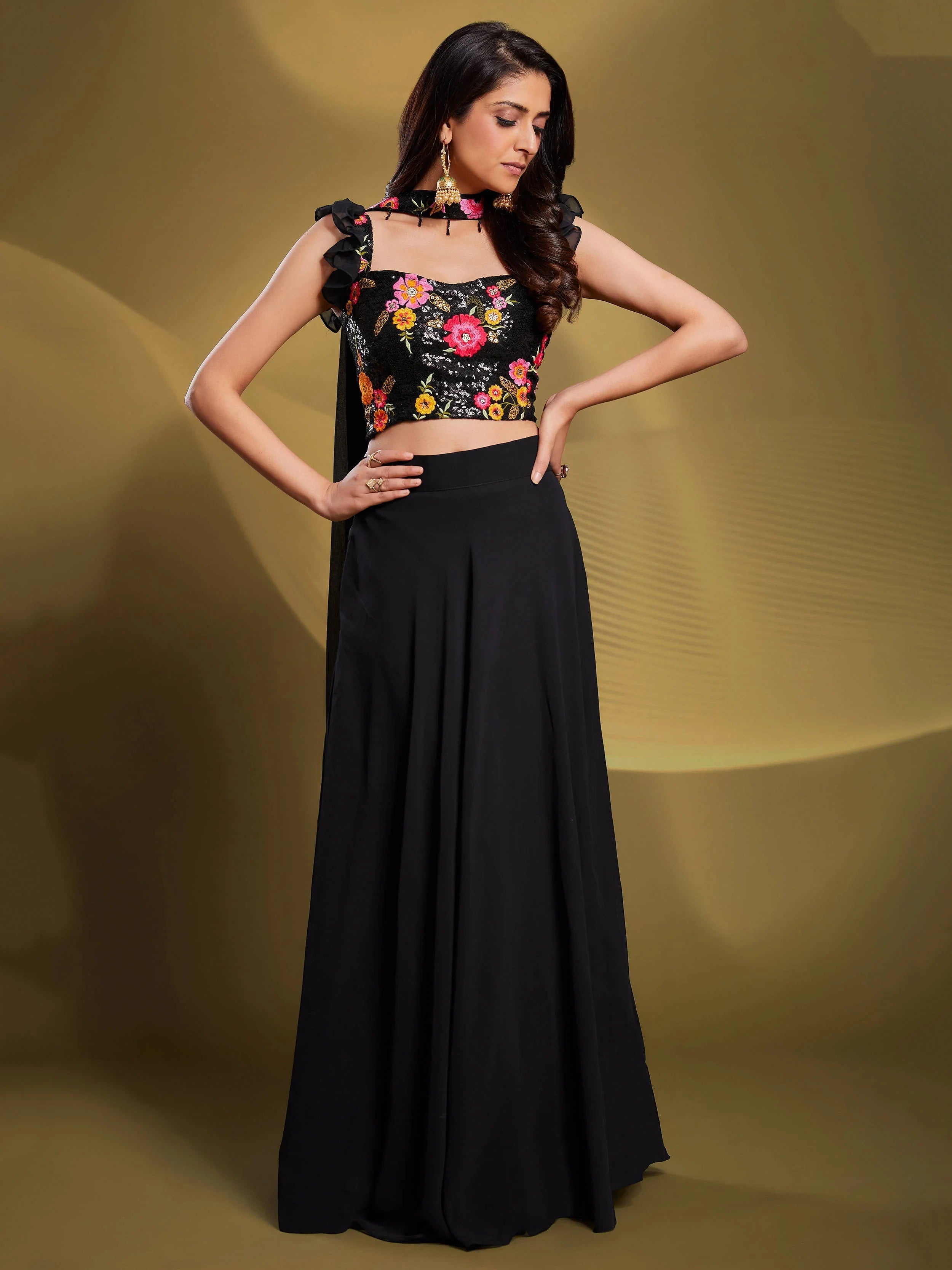Black Sequins Work Georgette Reception Wear Lehenga Choli for Women