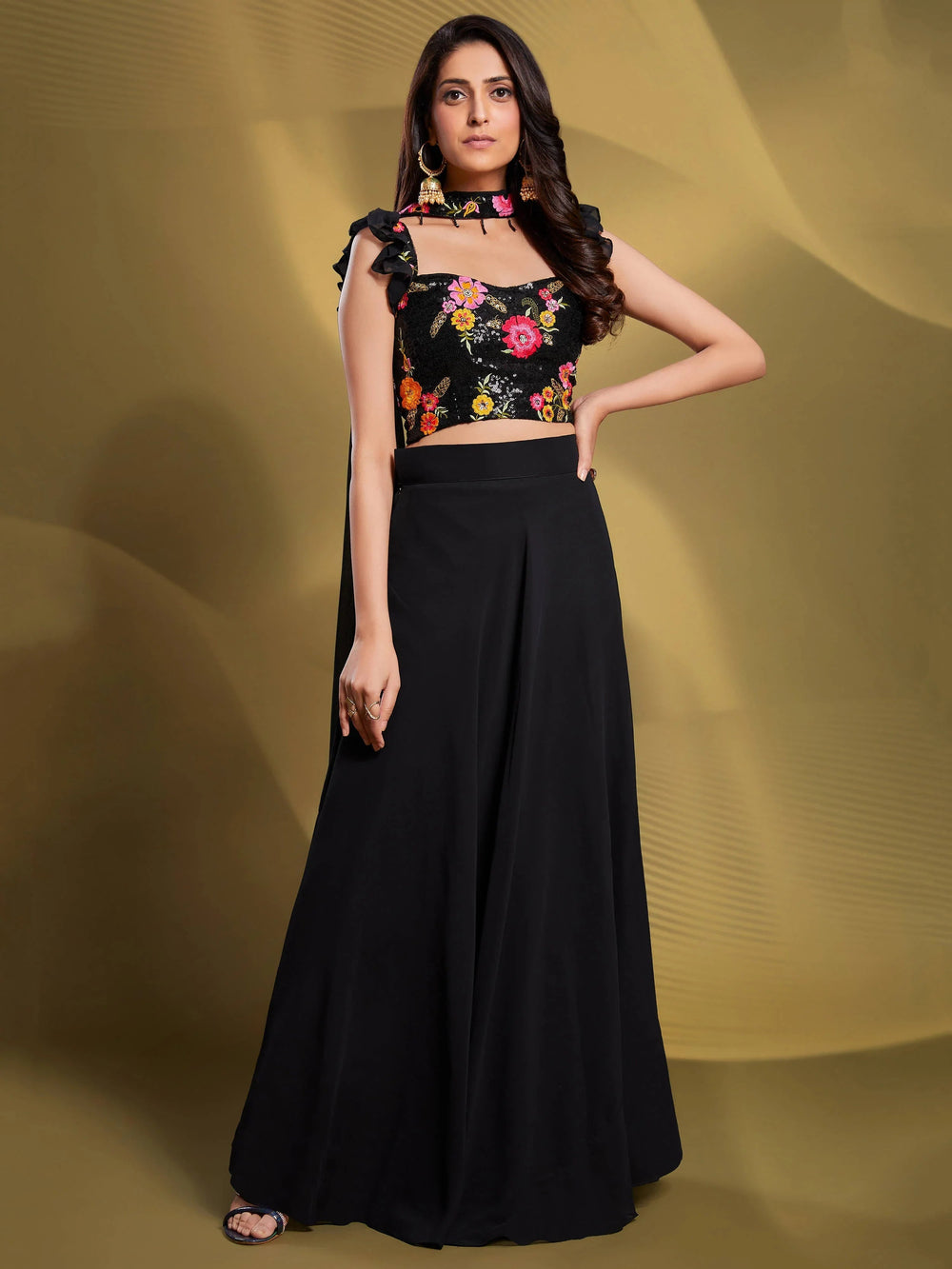 Black Sequins Work Georgette Reception Wear Lehenga Choli for Women
