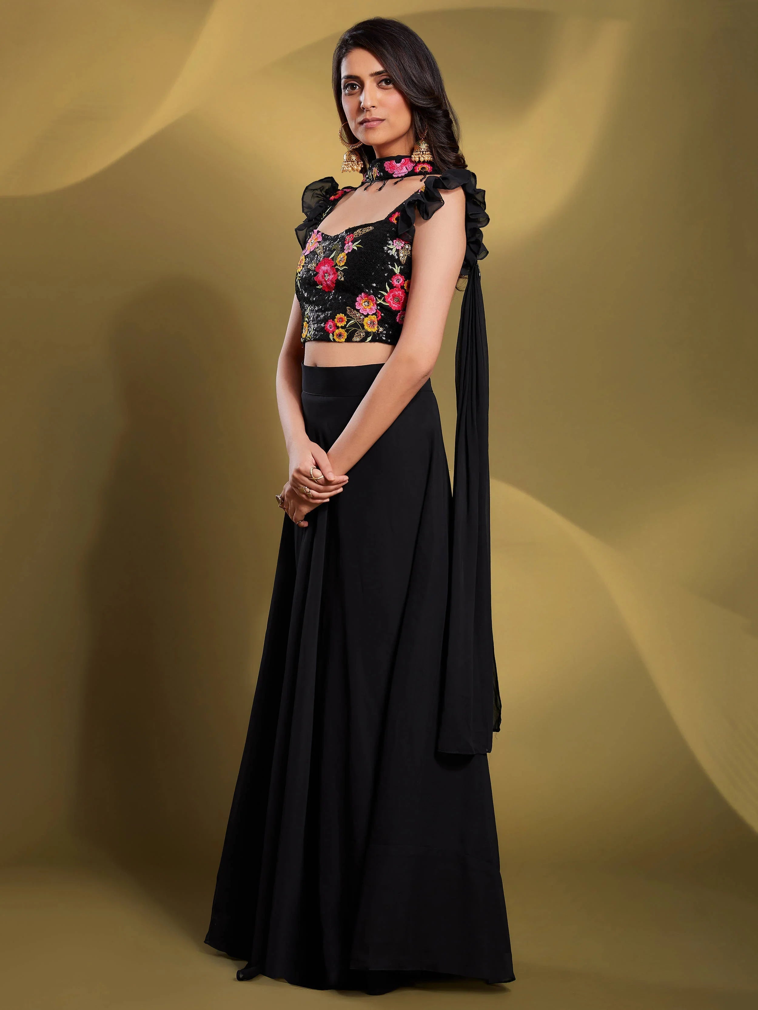 Black Sequins Work Georgette Reception Wear Lehenga Choli for Women