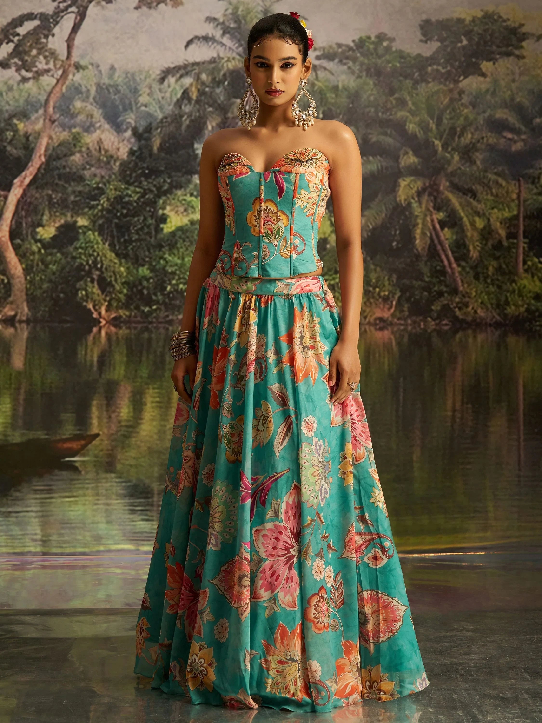 Mint Blue Digital Printed Georgette Designer Lehenga With Corset Choli