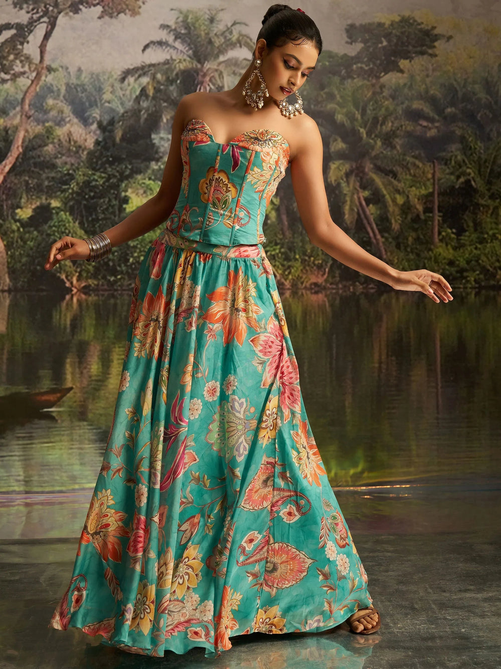Mint Blue Digital Printed Georgette Designer Lehenga With Corset Choli