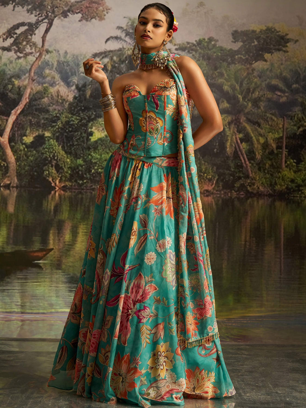 Mint Blue Digital Printed Georgette Designer Lehenga With Corset Choli