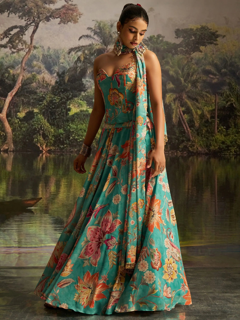 Mint Blue Digital Printed Georgette Designer Lehenga With Corset Choli