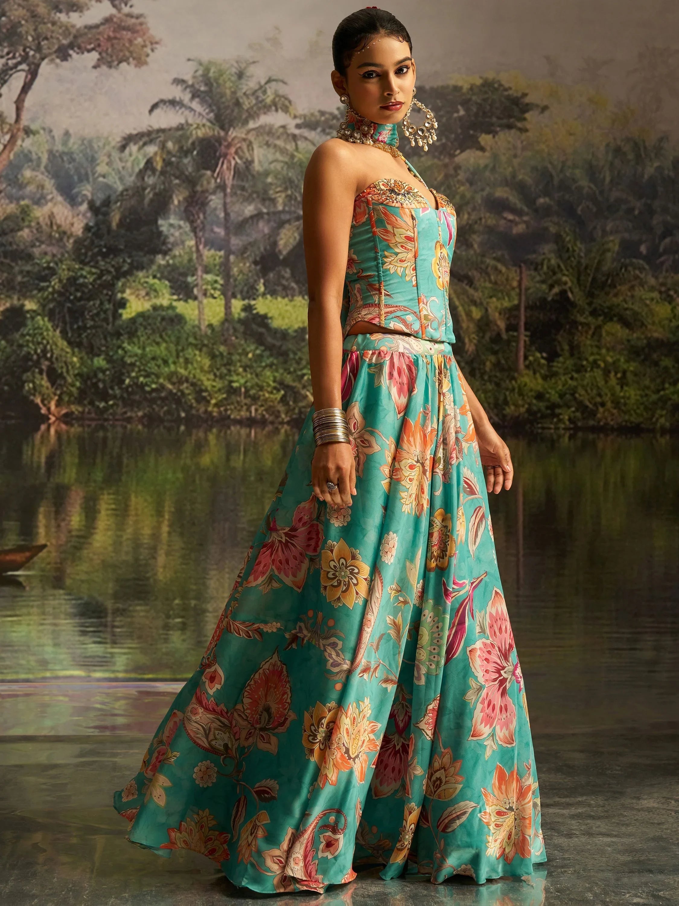 Mint Blue Digital Printed Georgette Designer Lehenga With Corset Choli