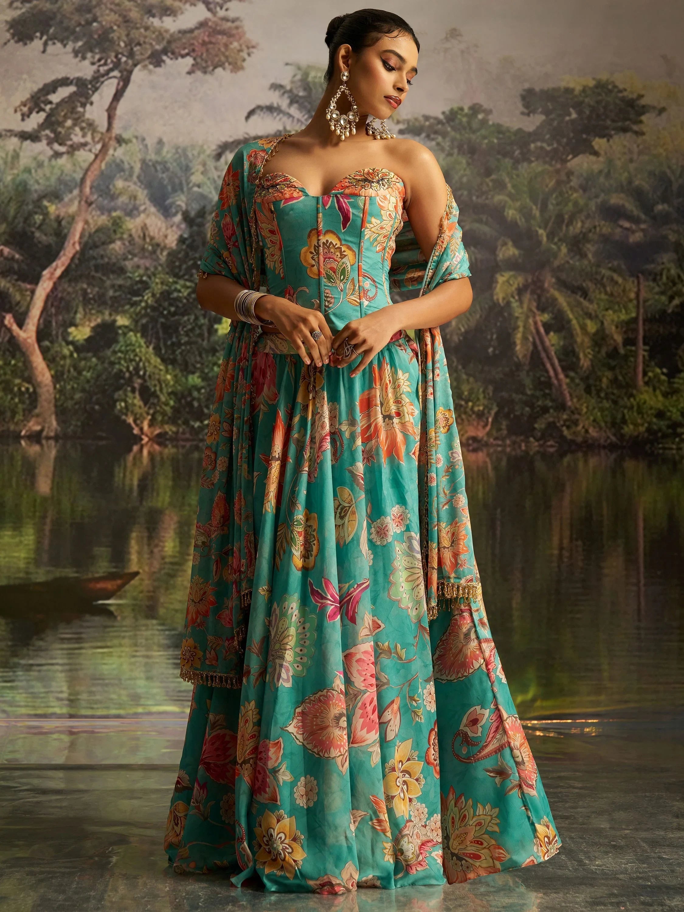 Mint Blue Digital Printed Georgette Designer Lehenga With Corset Choli