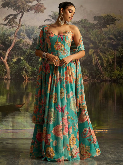 Mint Blue Digital Printed Georgette Designer Lehenga With Corset Choli