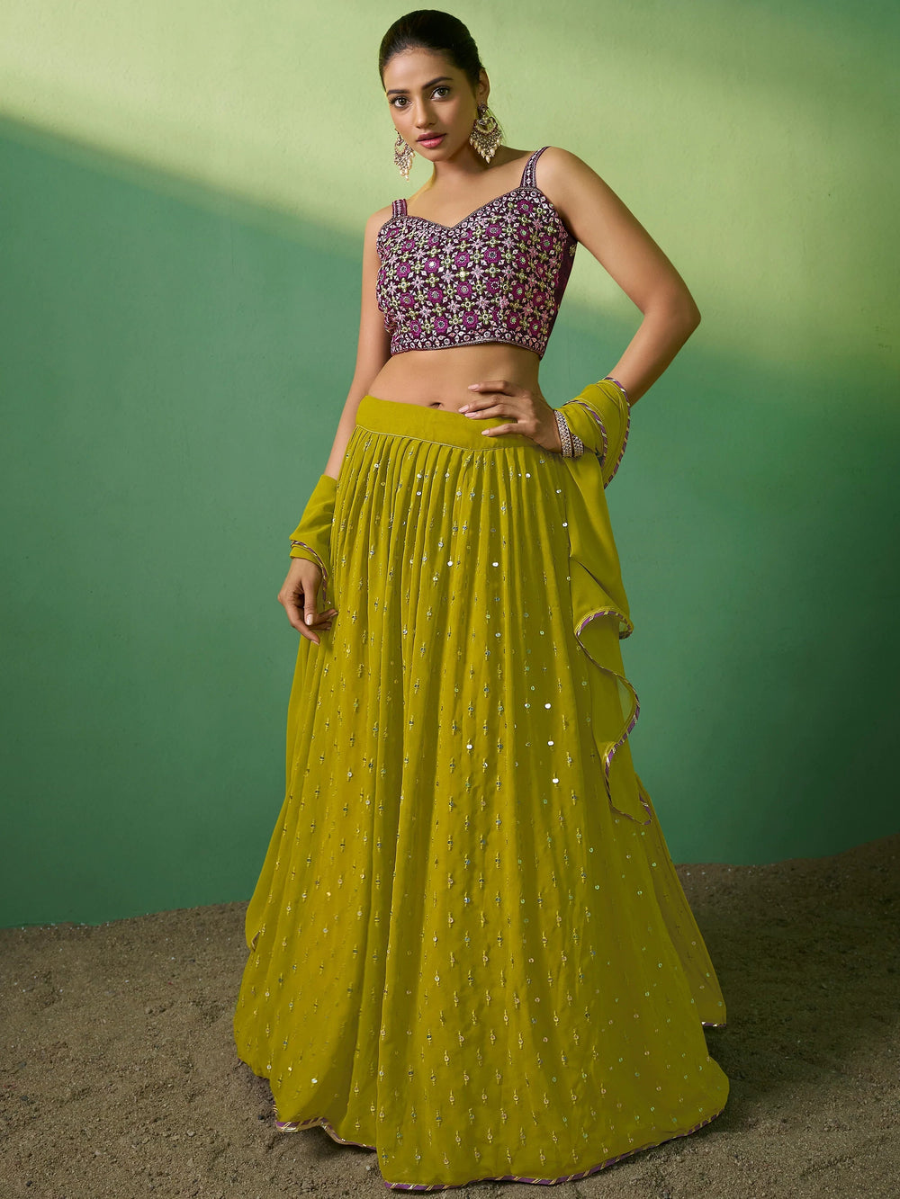 Green Eye-Catching Sequins Georgette Haldi Wear Lehenga Choli for Women