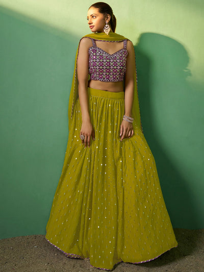 Green Eye-Catching Sequins Georgette Haldi Wear Lehenga Choli for Women
