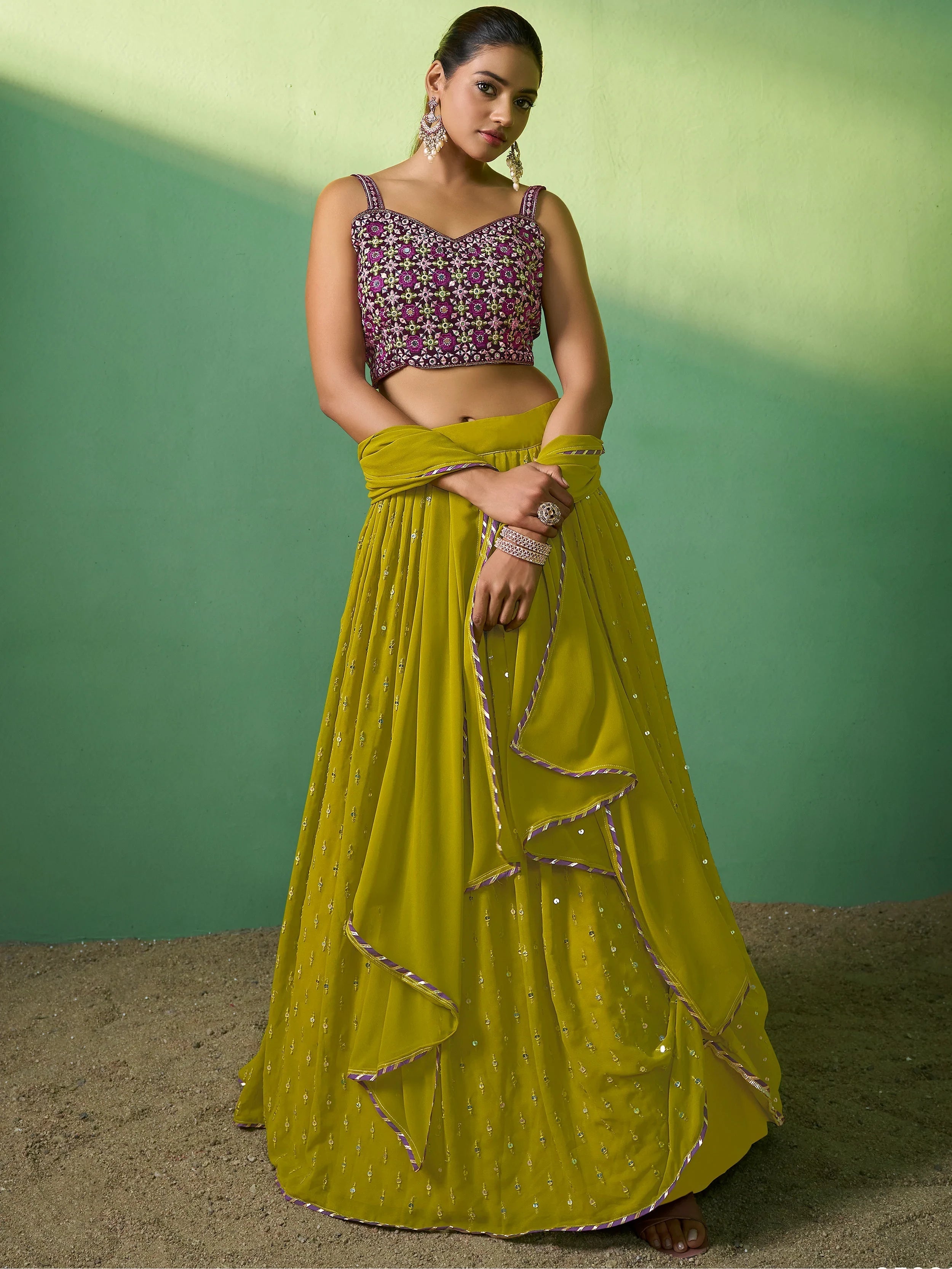 Green Eye-Catching Sequins Georgette Haldi Wear Lehenga Choli for Women