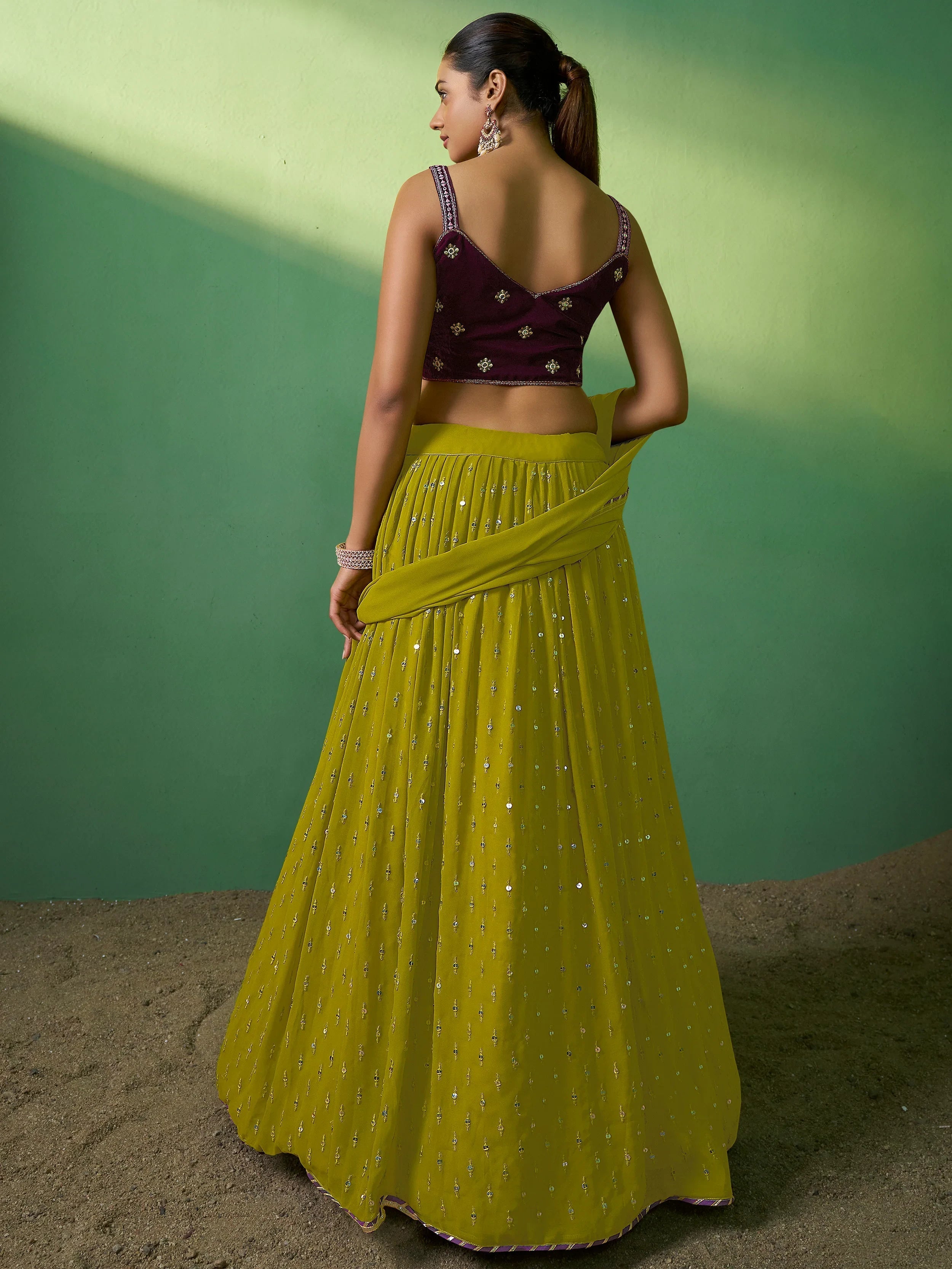 Green Eye-Catching Sequins Georgette Haldi Wear Lehenga Choli for Women